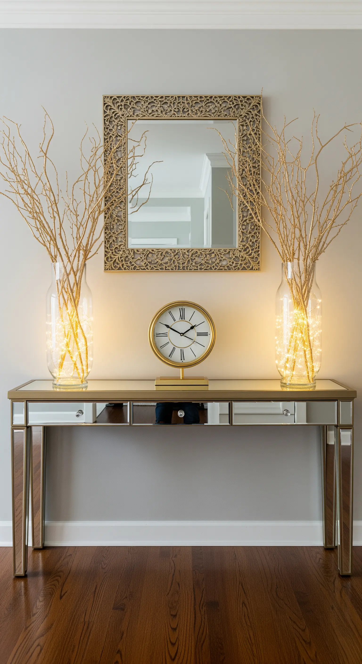 Konsole mit zwei leuchtenden Vasen und goldener Uhr