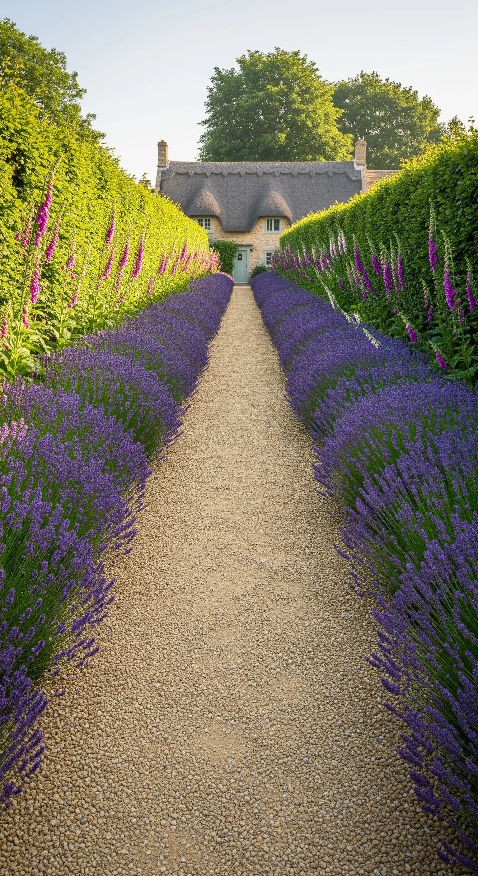 Kiesweg gesäumt von Lavendelreihen, die zu einem Cottage führen