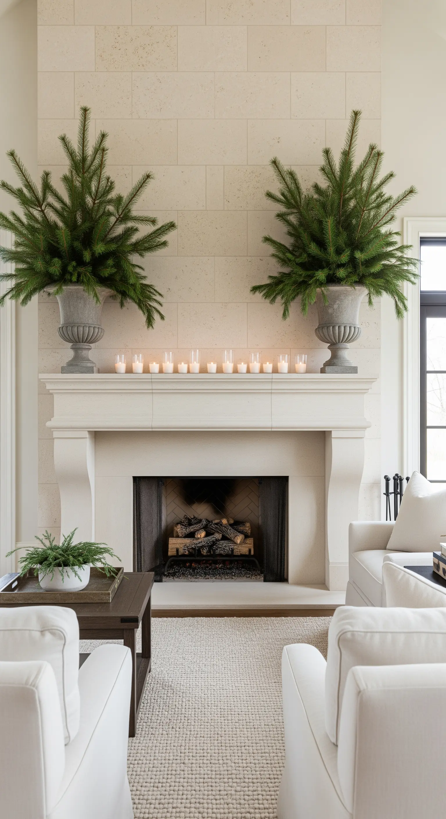 Symmetrische Steinurnen mit Tannengrün