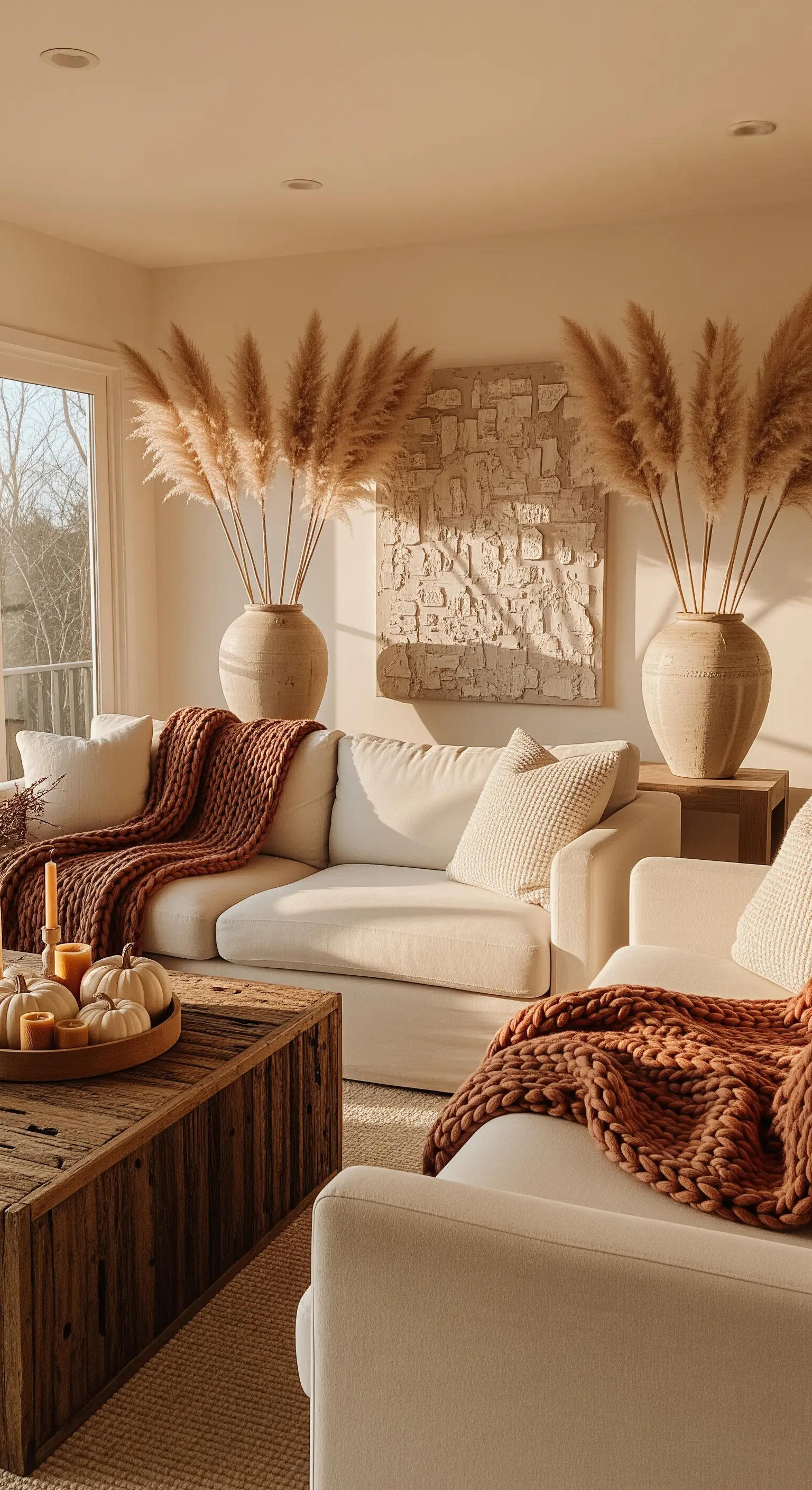 Wohnzimmer mit symmetrischen Vasen und Pampasgras