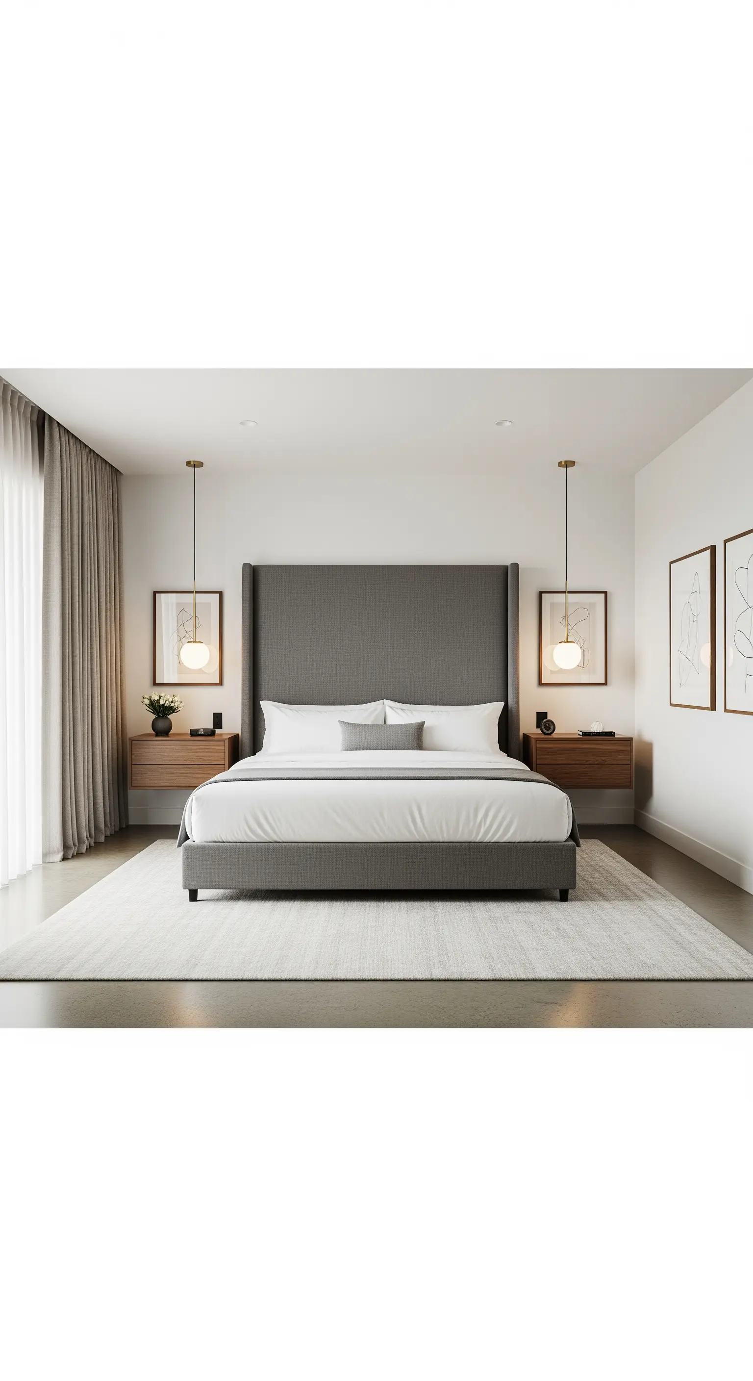 Graues Polsterbett mit symmetrischen Pendelleuchten
