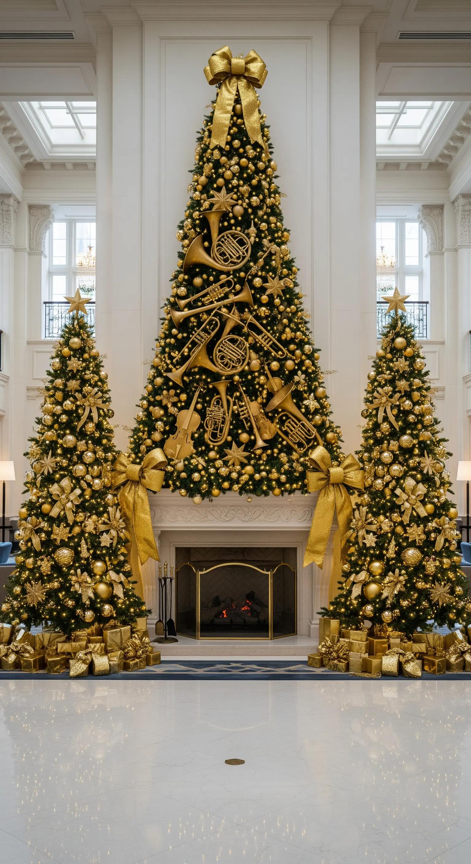 Großer weißer Kamin, flankiert von zwei riesigen Weihnachtsbäumen mit goldenem Instrumenten-Schmuck.