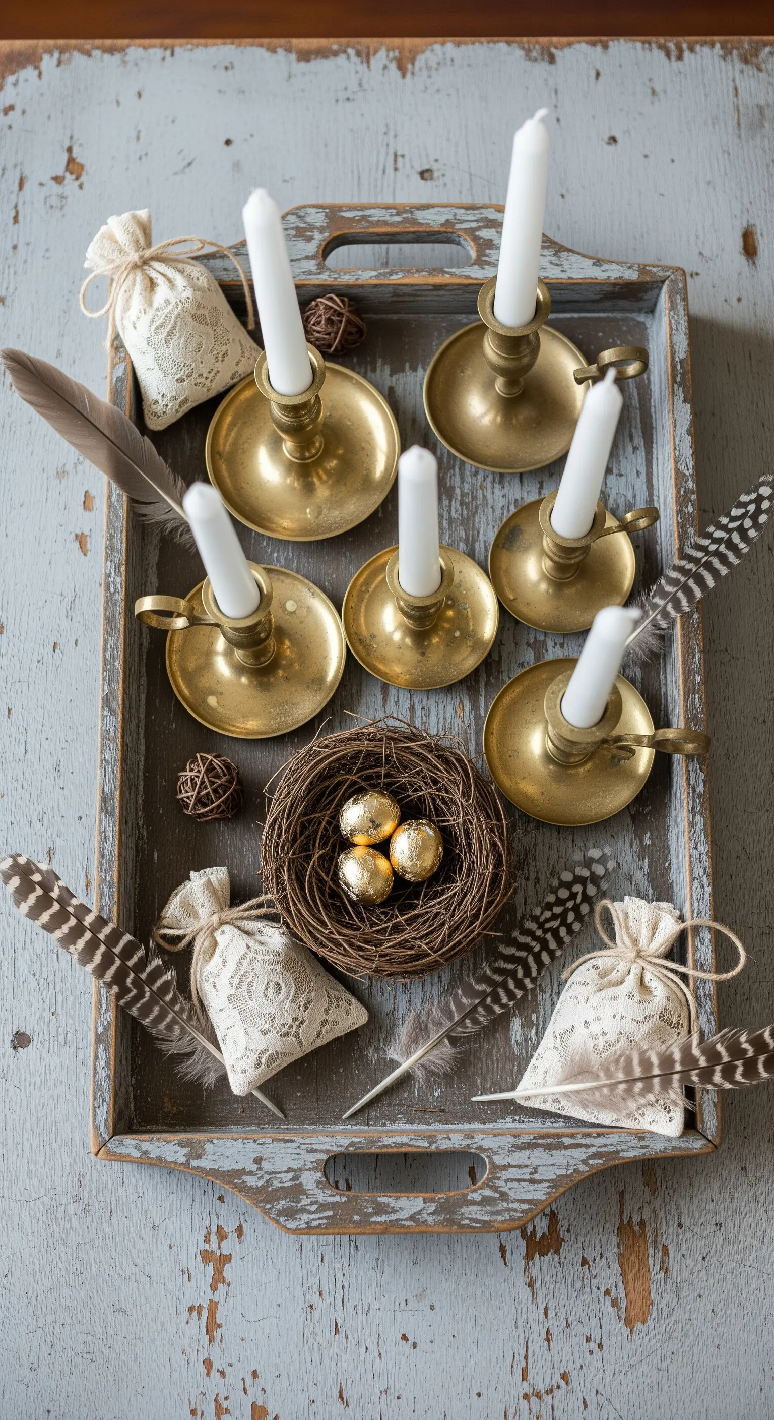 Holztablett mit Messingkerzenhaltern, Federn und goldenen Eiern