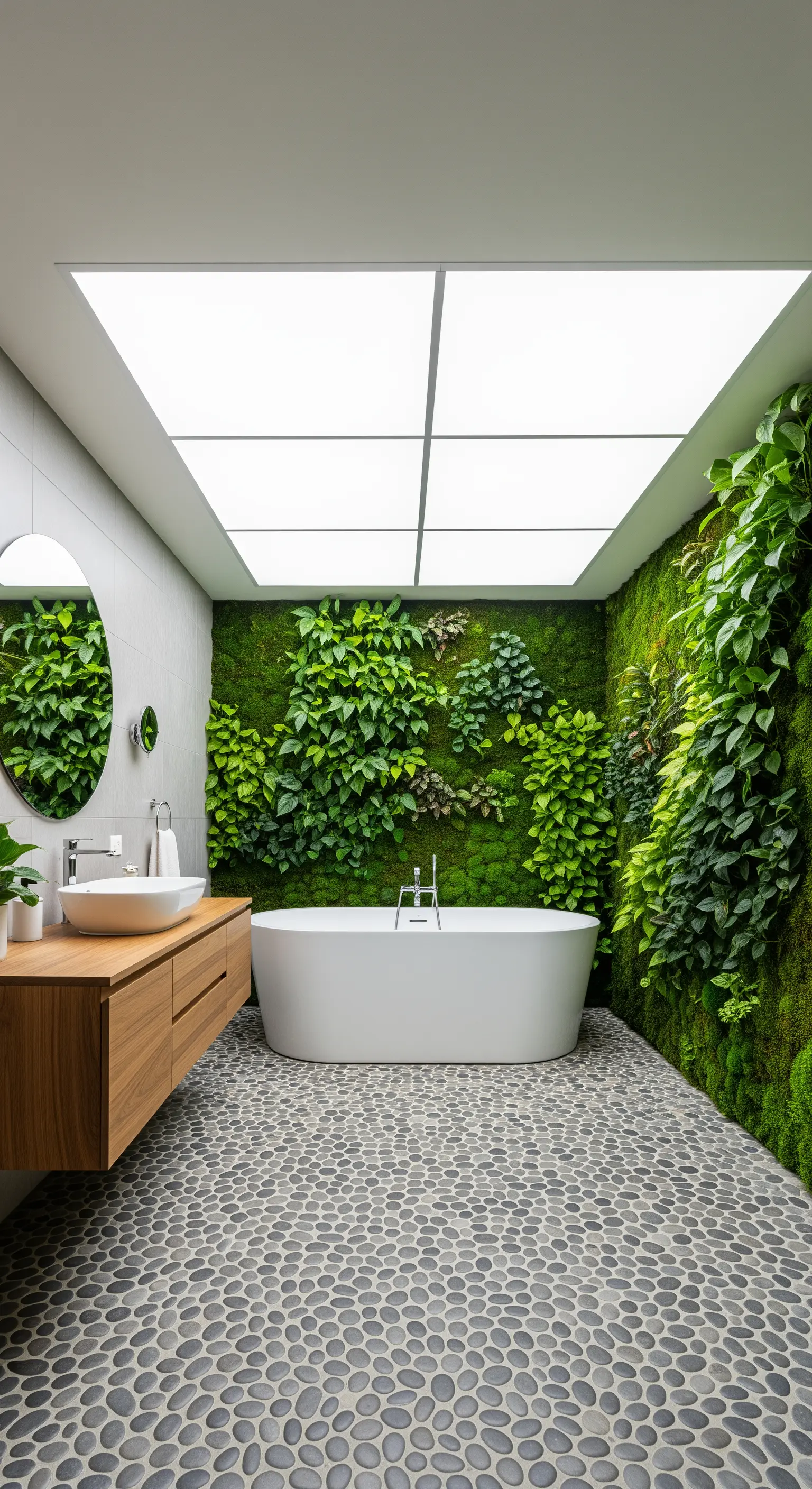 Badezimmer mit Mooswand und vollflächiger Lichtdecke als Tageslichtersatz