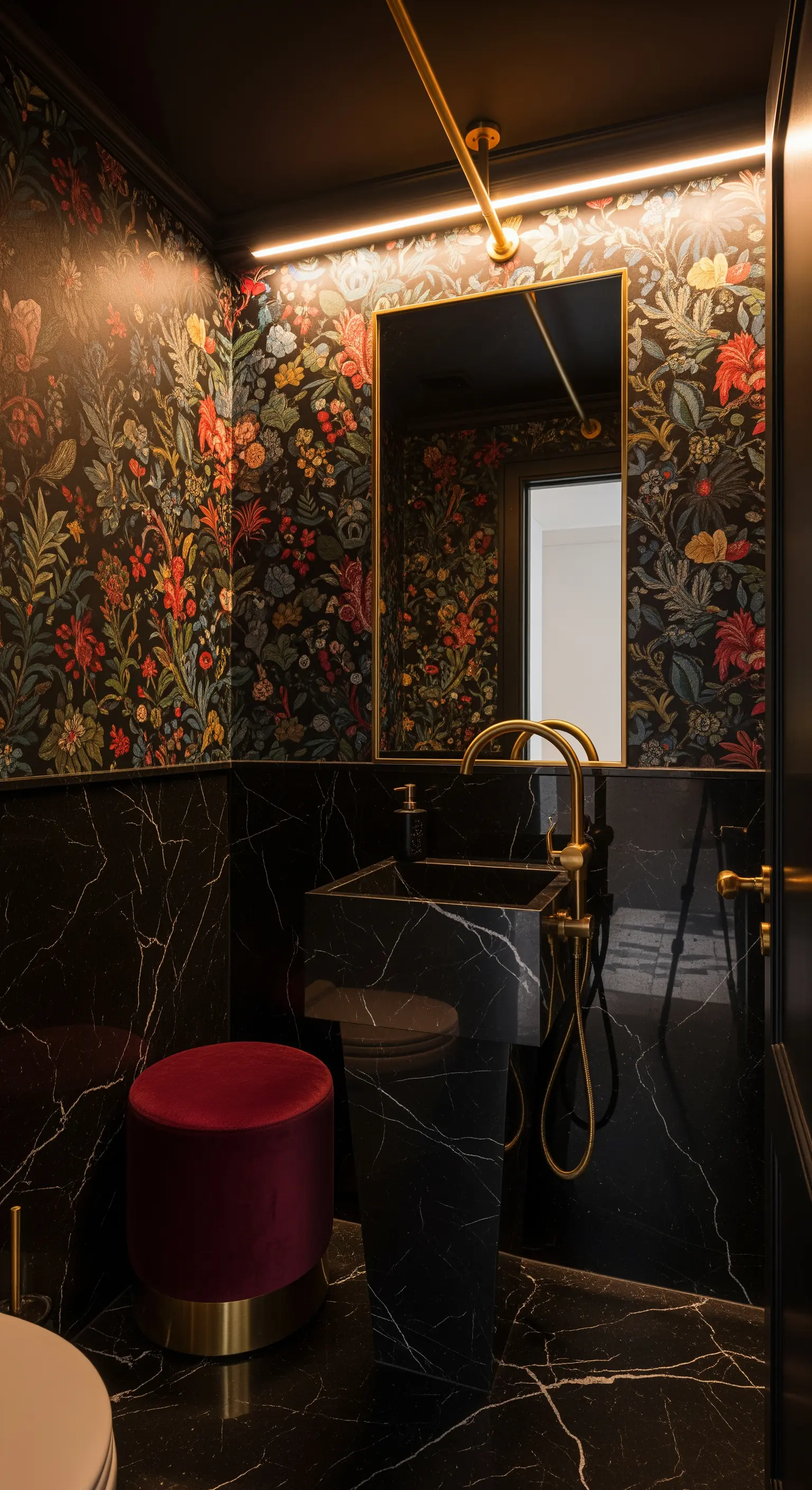 Gäste-WC mit dunkler Blumentapete und schwarzem Marmor, indirekt beleuchtet