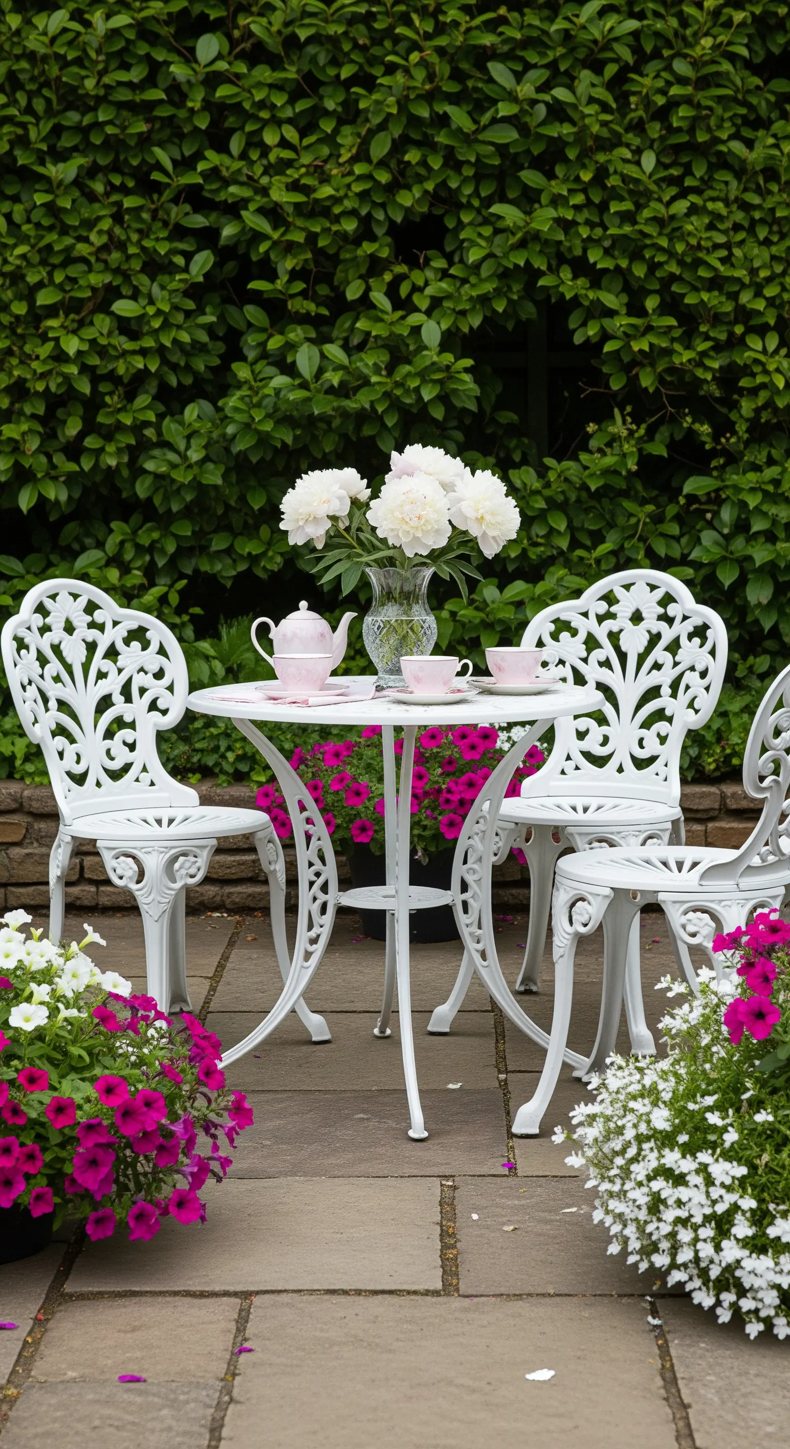 Weißer gusseiserner Gartentisch mit Teegeschirr