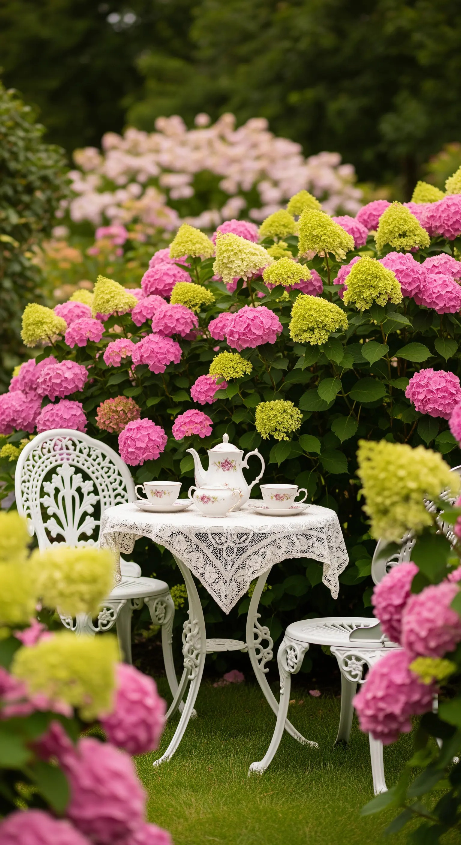 Weißer Gartentisch mit Tee-Set vor pinken Hortensien