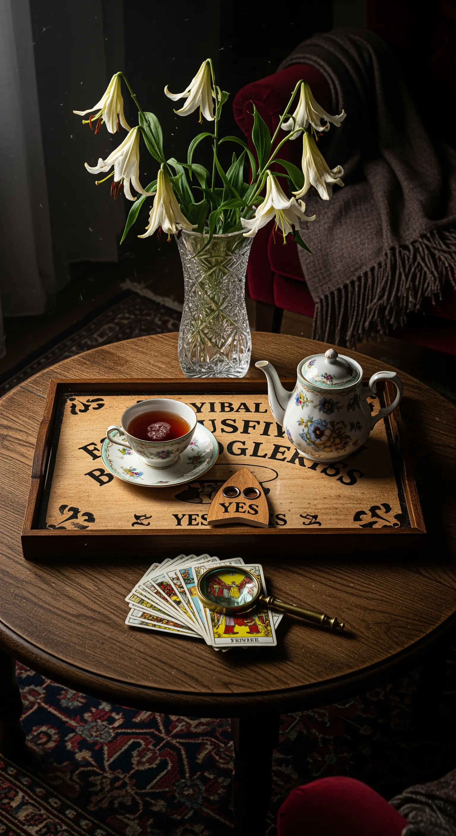 Ouija-Brett als Tablett mit Teegeschirr und Tarotkarten