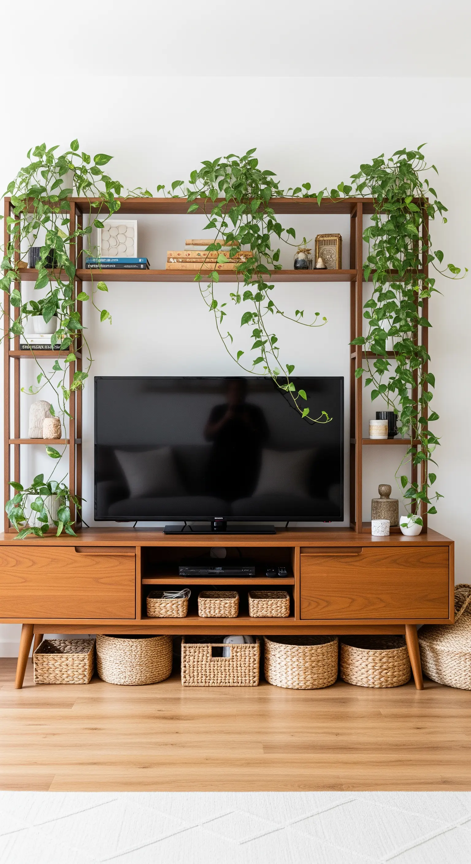 Fernseher in Holzregal umrankt von Efeututen