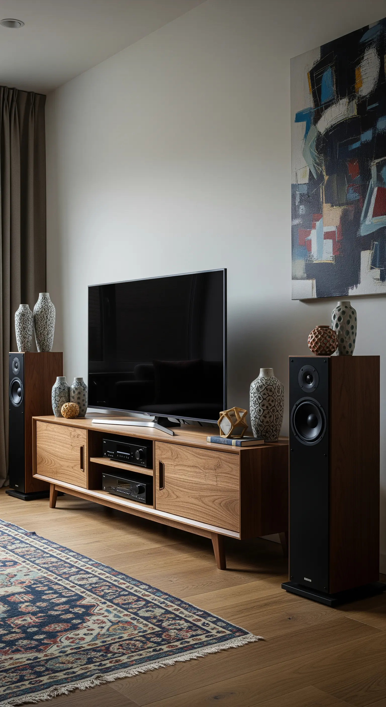 Wohnzimmer mit Holz-Lowboard und Flachbildfernseher