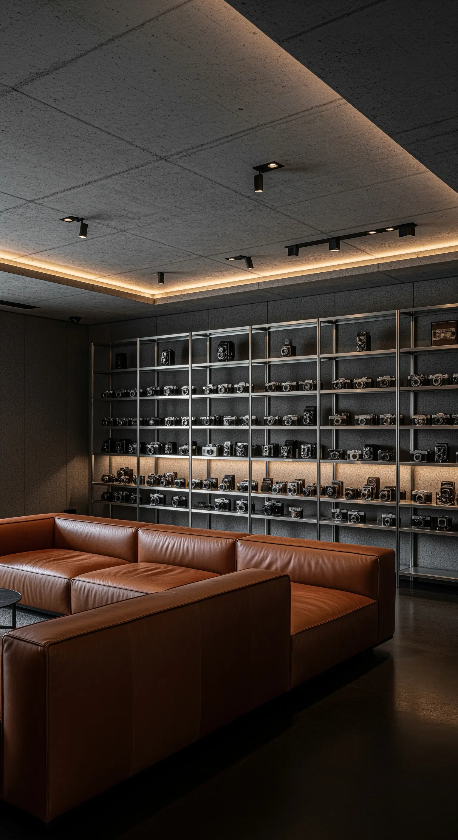 Wandfüllendes Metallregal mit alter Kamerasammlung in einem modernen Loft