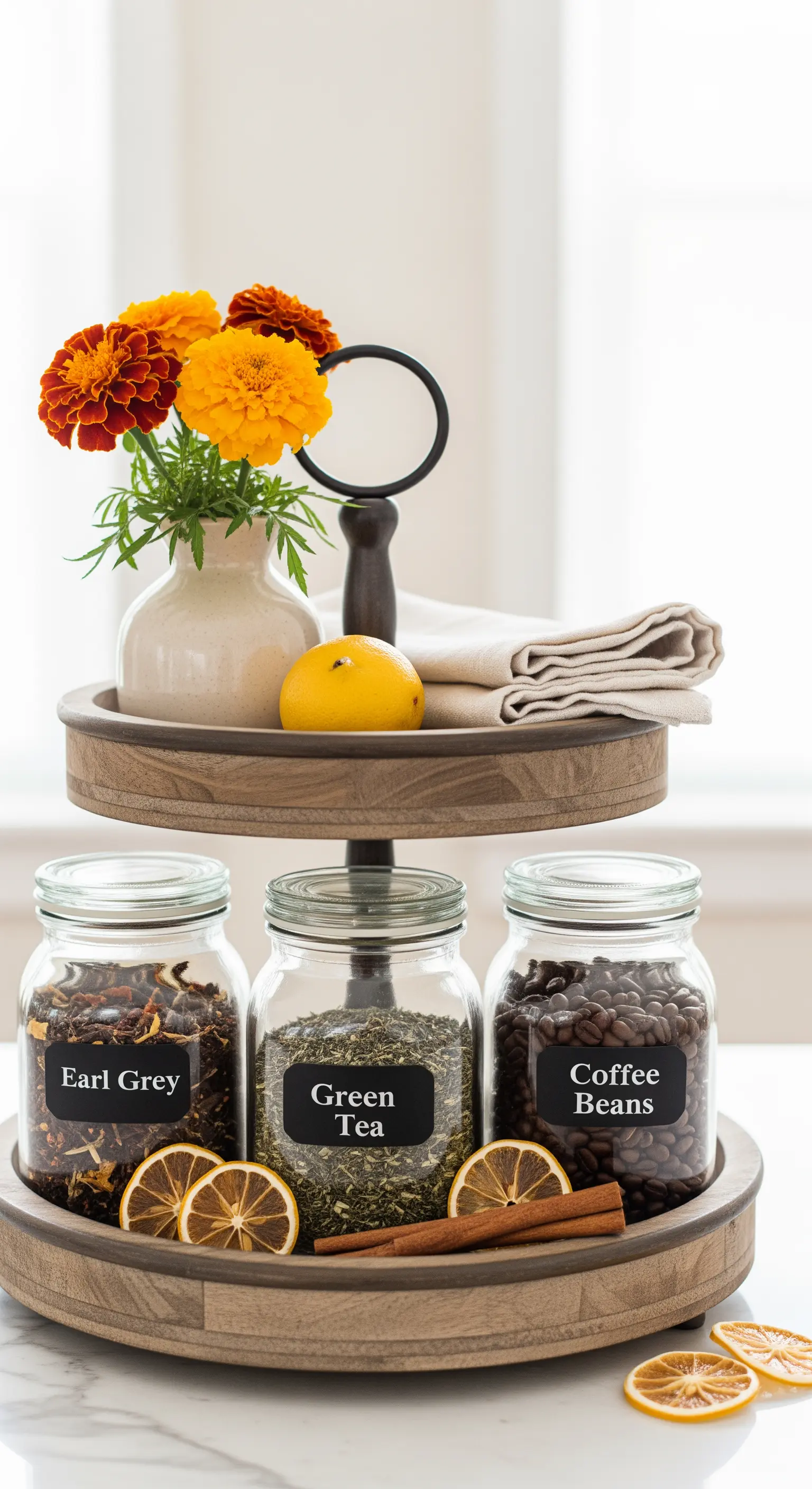 Holzetagere mit Teegläsern, Zimtstangen, Zitrone und frischen orangen Blumen