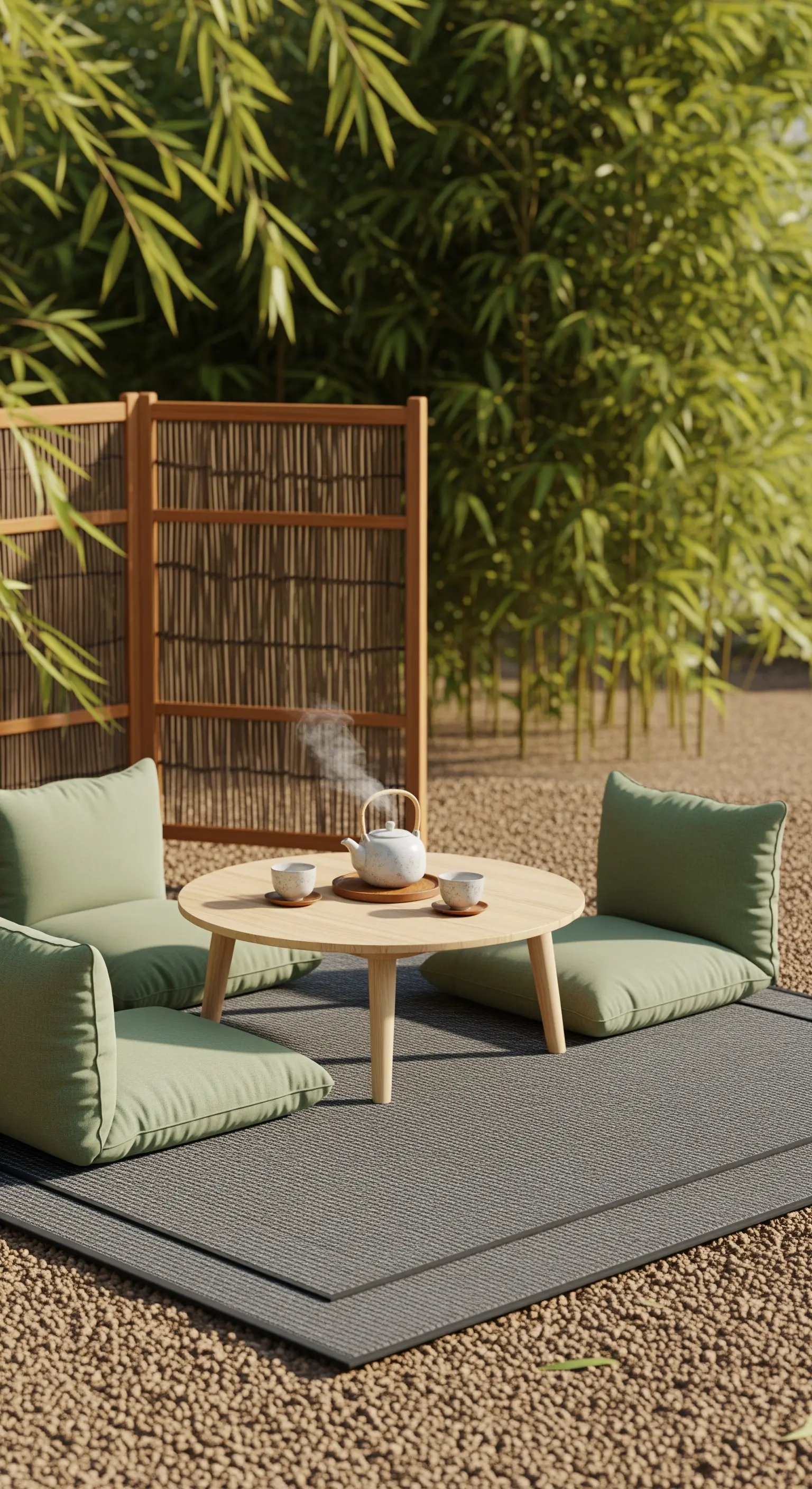 Bodennahe Sitzgruppe auf Matten mit Teegeschirr vor Bambuswand
