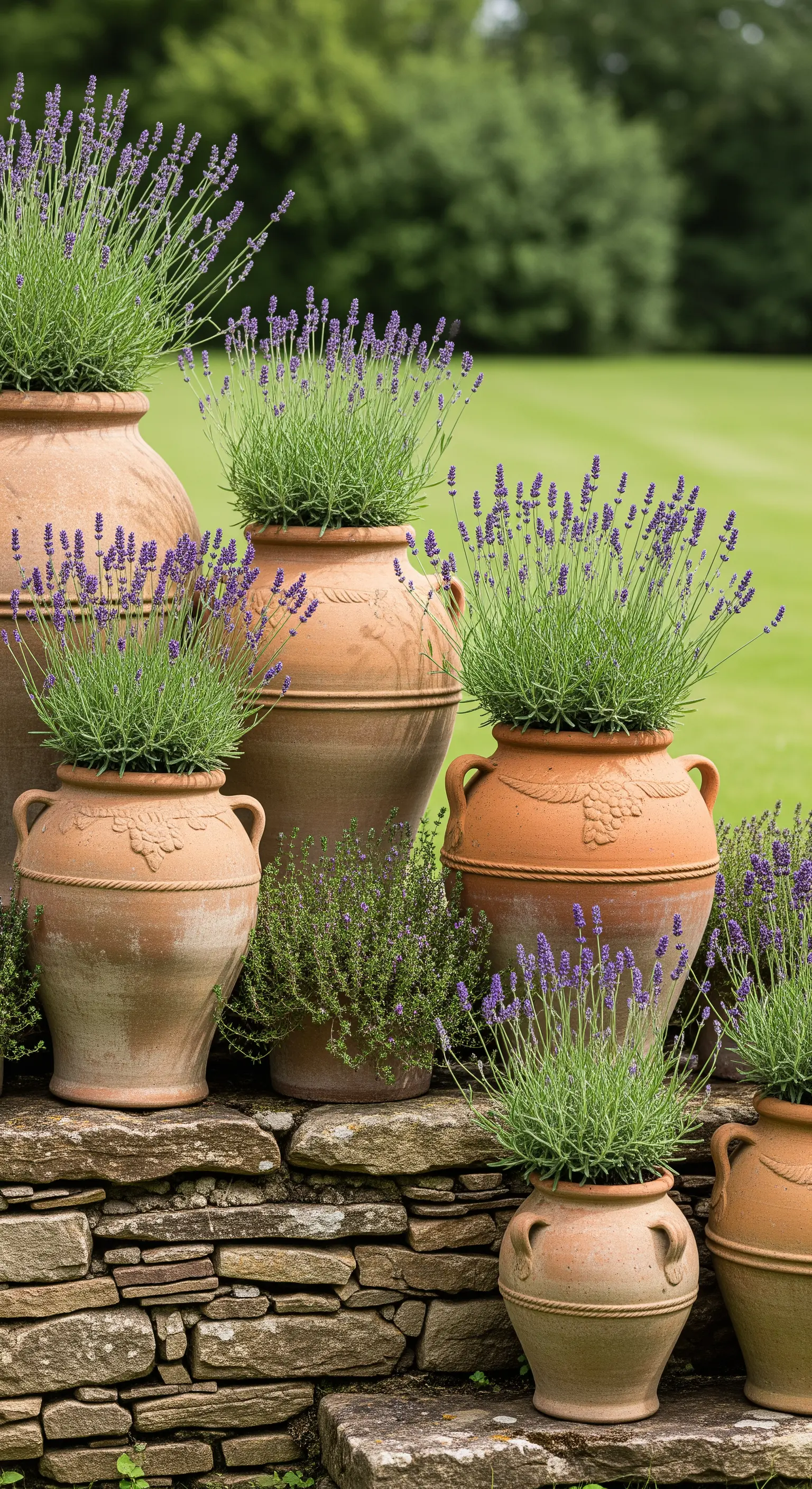 Gruppe großer Terrakotta-Töpfe mit Lavendel auf einer Steinmauer
