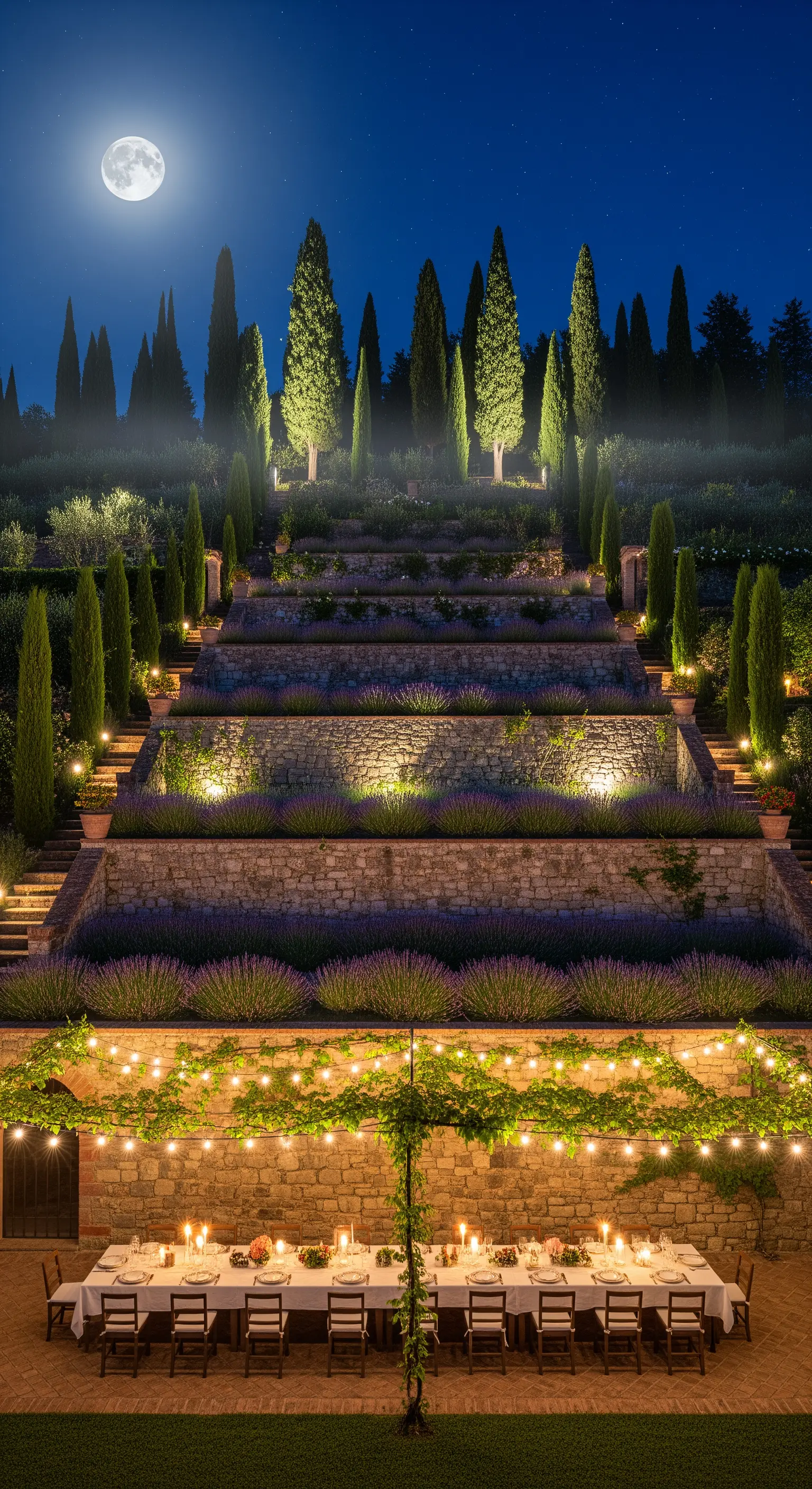 Terrassierter Garten bei Nacht mit beleuchteten Lavendelstufen und langer Tafel