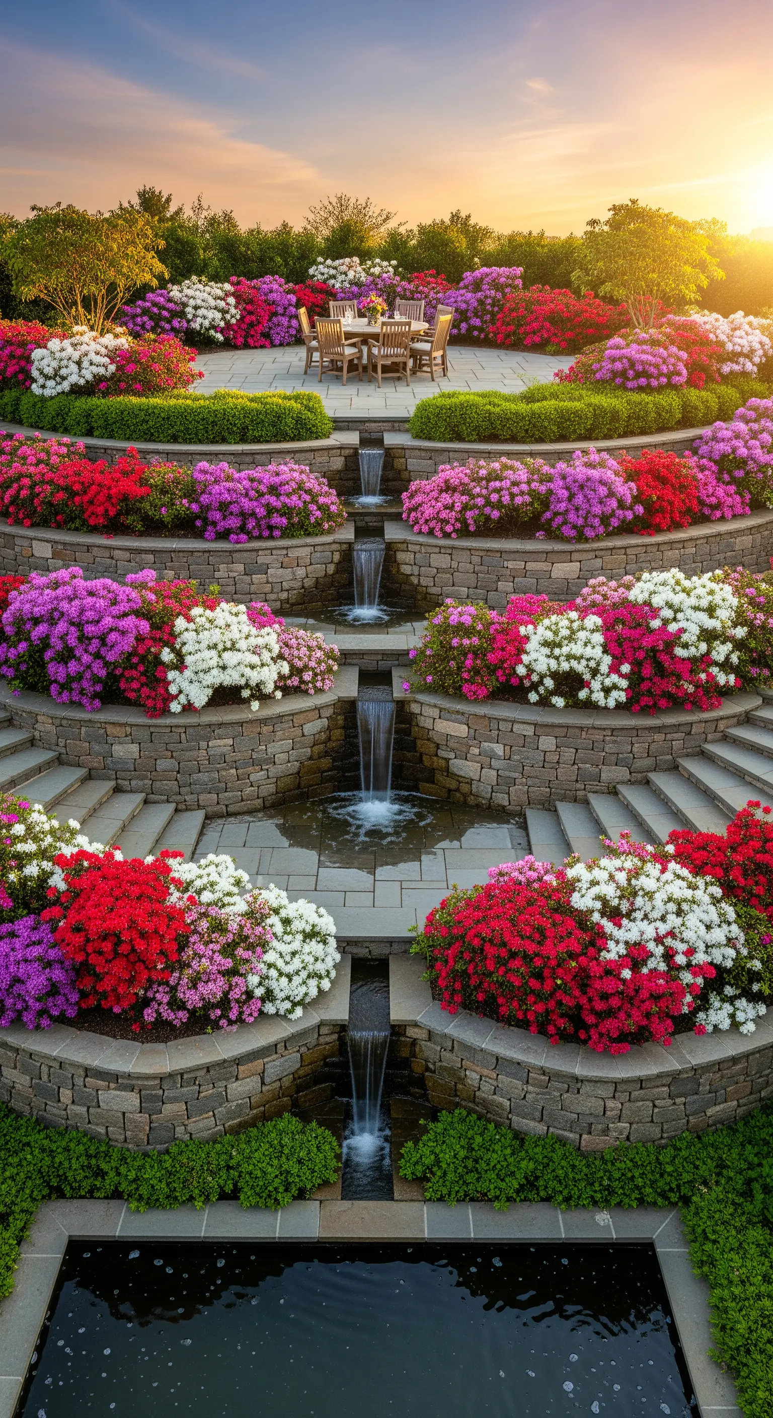 Terrassierter Garten mit Wasserfall