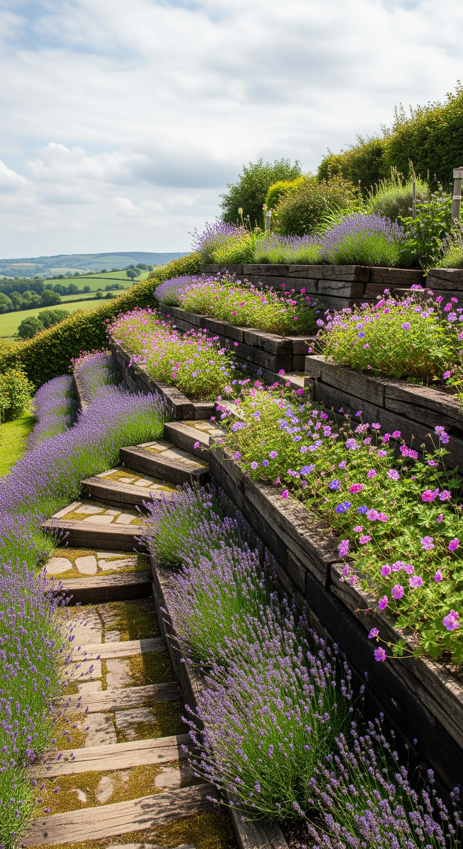 Hangbepflanzung mit Holzschwellen-Terrassen voll lila Blumen