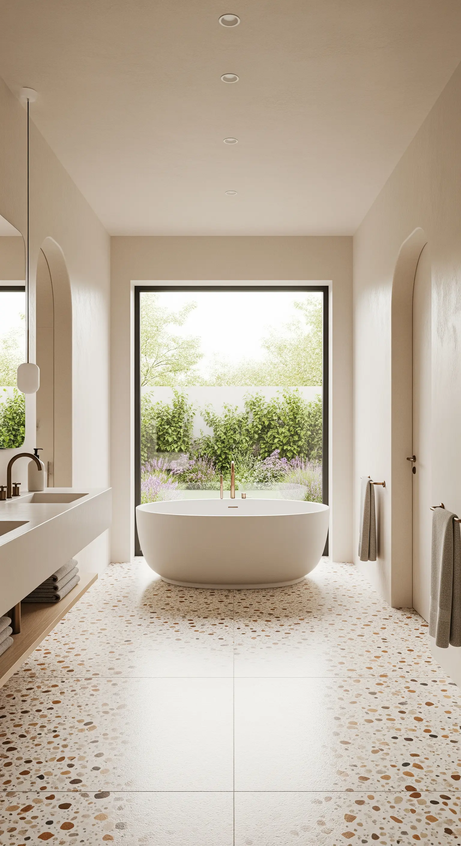 Freistehende Wanne auf beigem Terrazzo-Boden mit Gartenblick