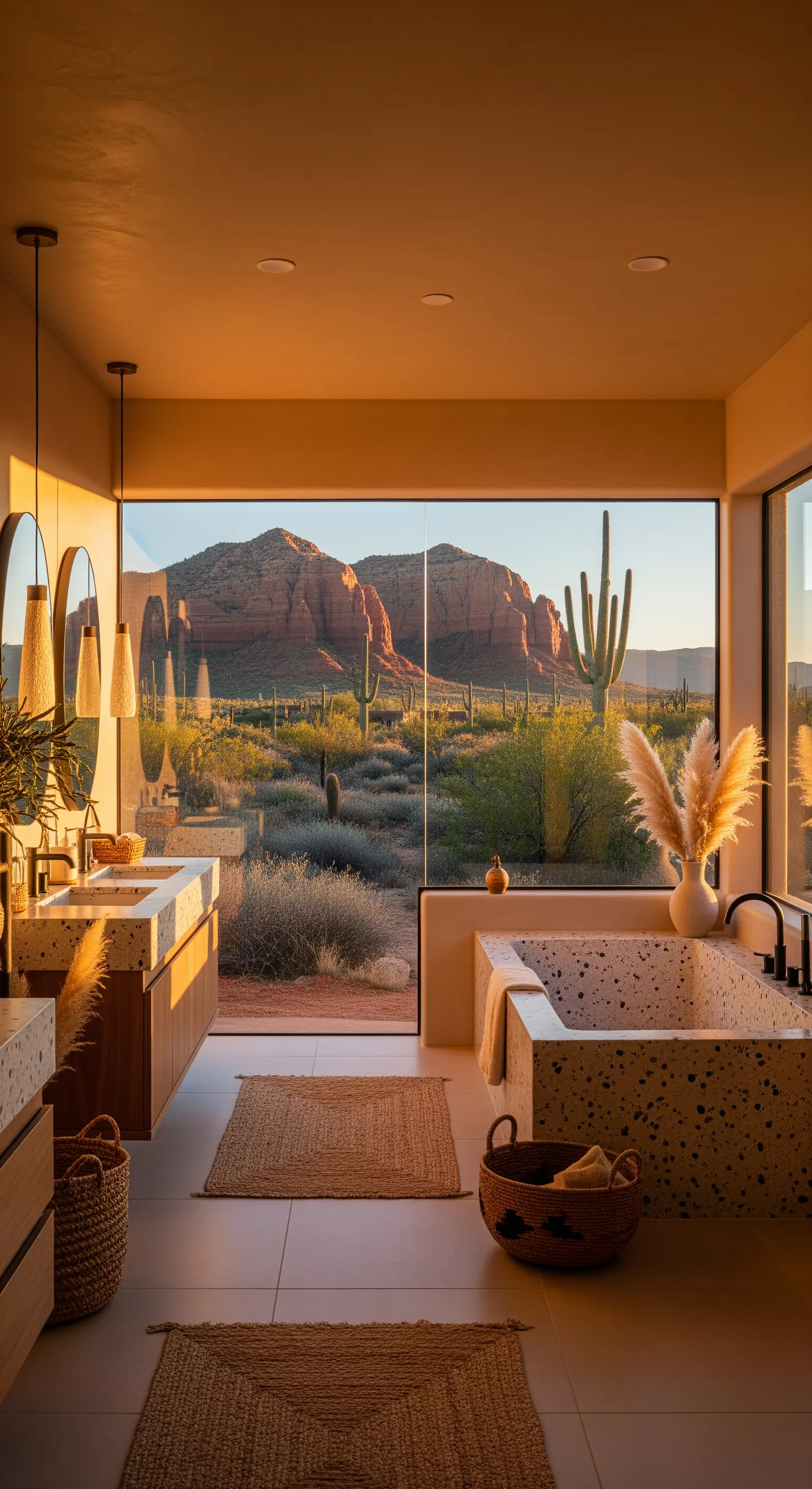 Terrazzo-Badewanne vor Wüstenlandschaft und Kakteen