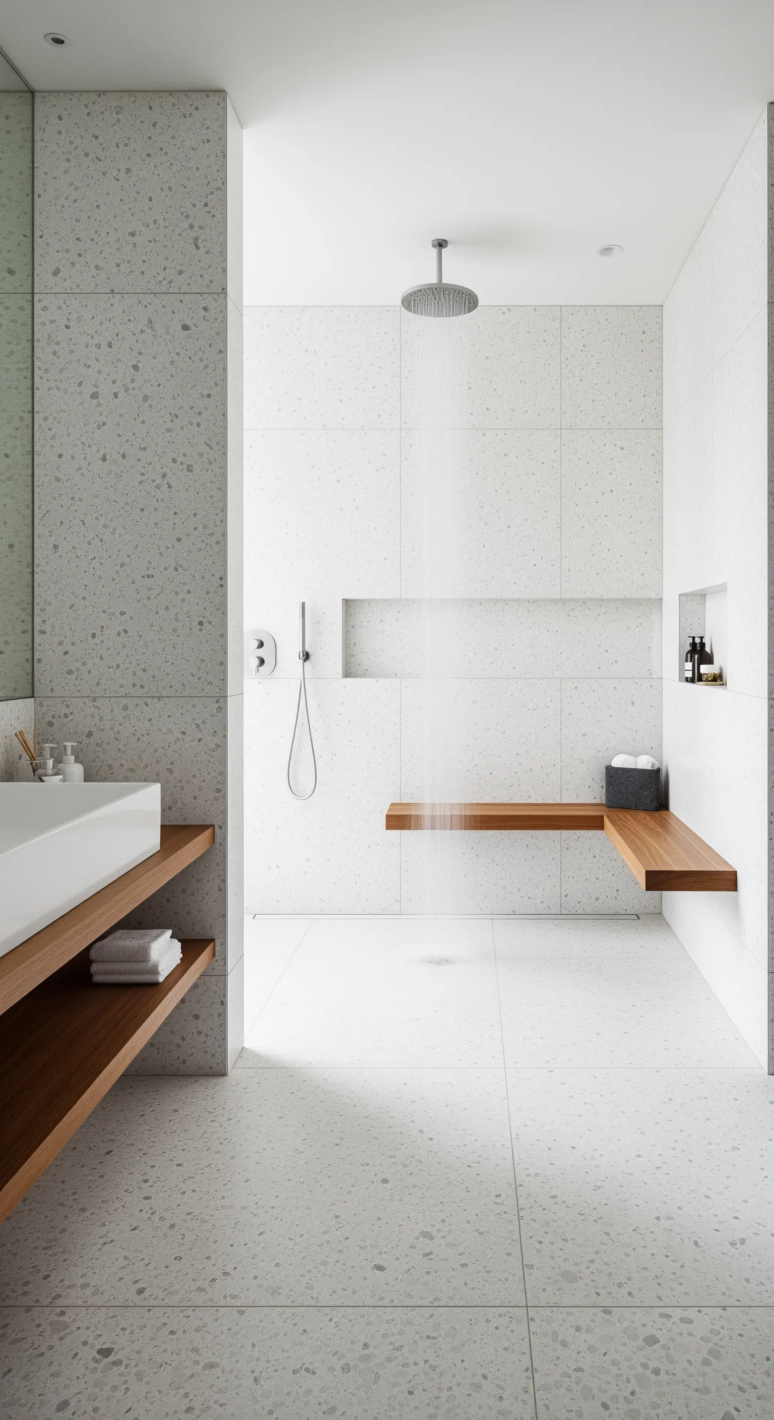 Helles Terrazzo-Bad mit Holzregalen und Regendusche