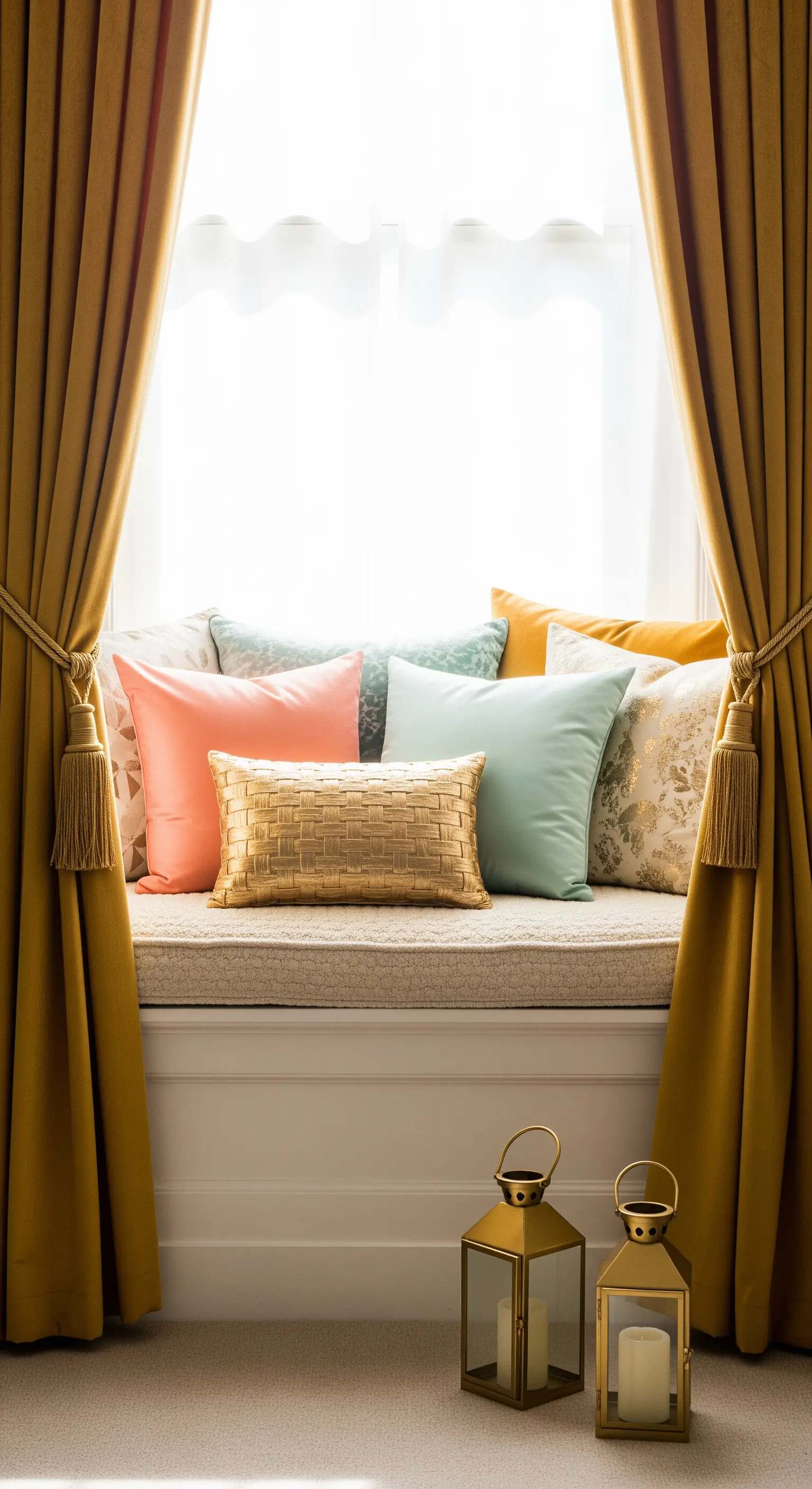 Fenstersitzbank mit vielen bunten Kissen und Laternen