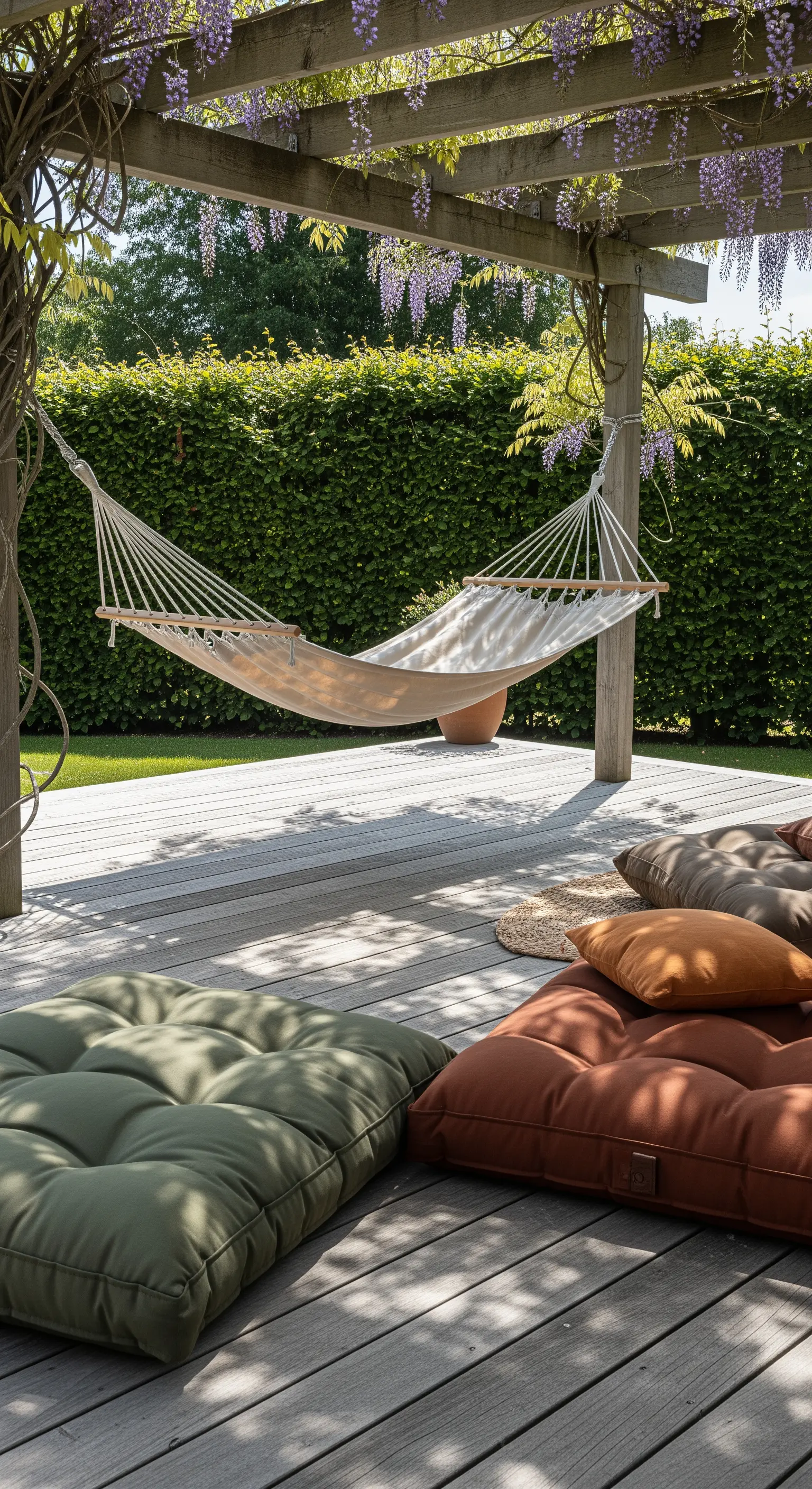 Hängematte und große Bodenkissen auf Holzterrasse