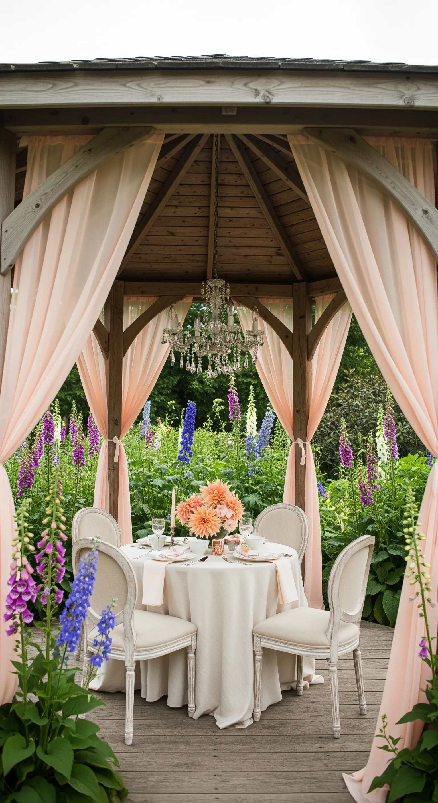 Holzpavillon mit pfirsichfarbenen Vorhängen und Kronleuchter