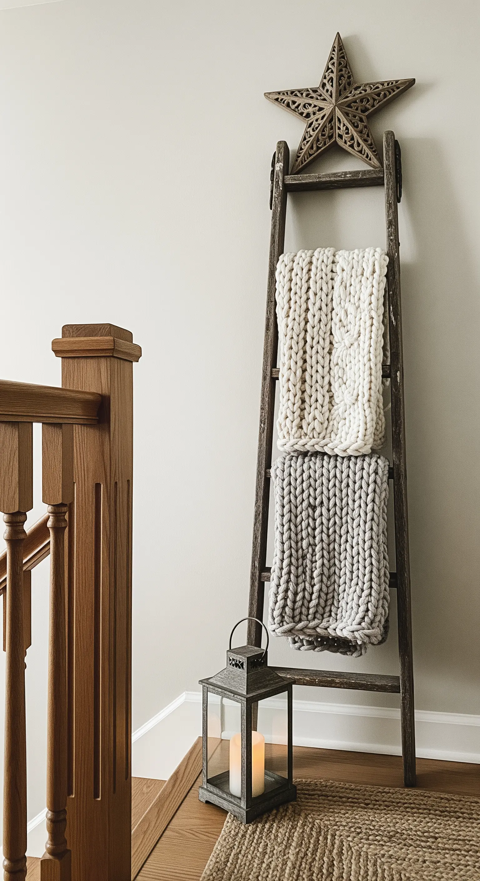 Dekoleiter mit Strickdecken und Holzstern
