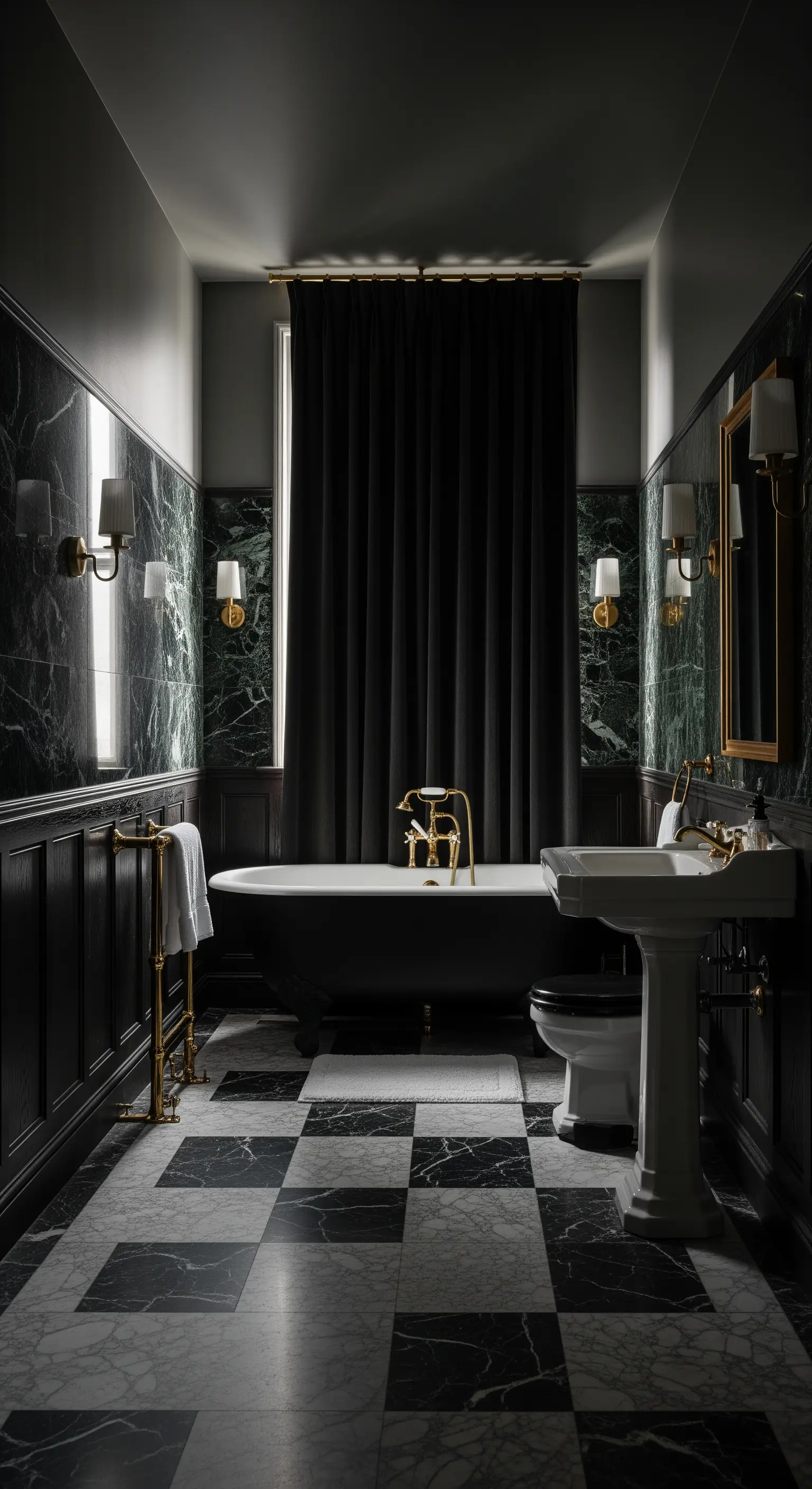 Schwarze Vorhänge und Badewanne vor Marmorwand