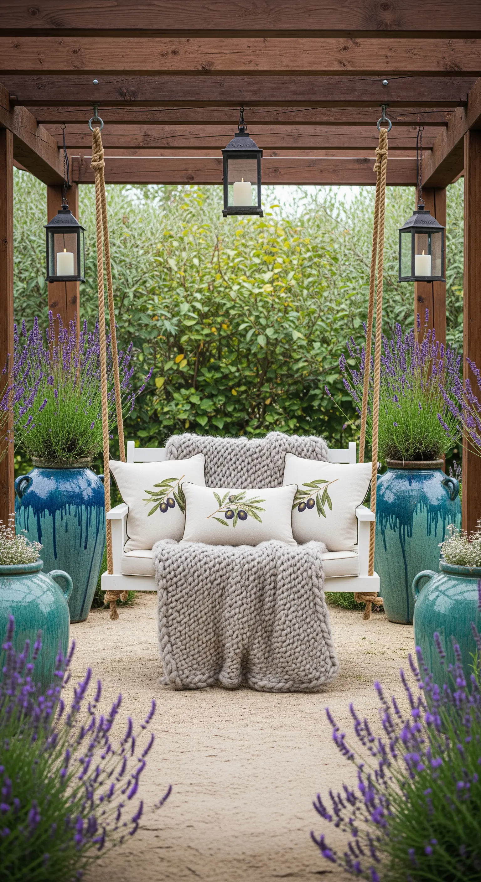 Weiße Hollywoodschaukel mit Strickdecke und Oliven-Kissen zwischen großen blauen Töpfen