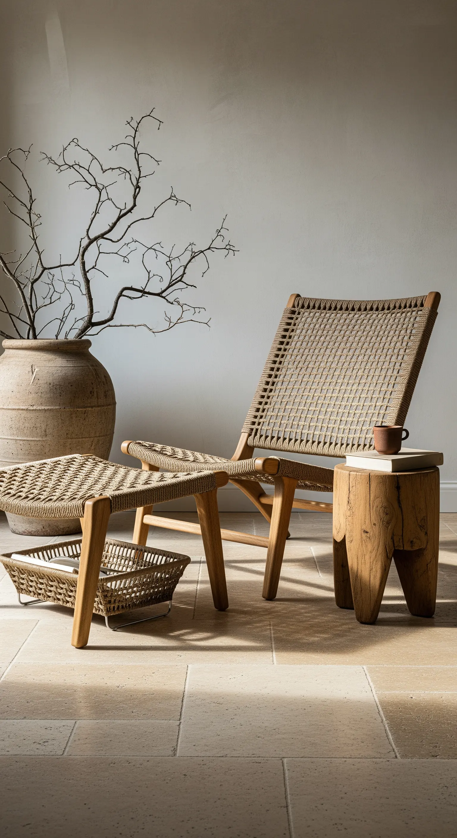 Seilgeflecht-Sessel und große Keramikvase