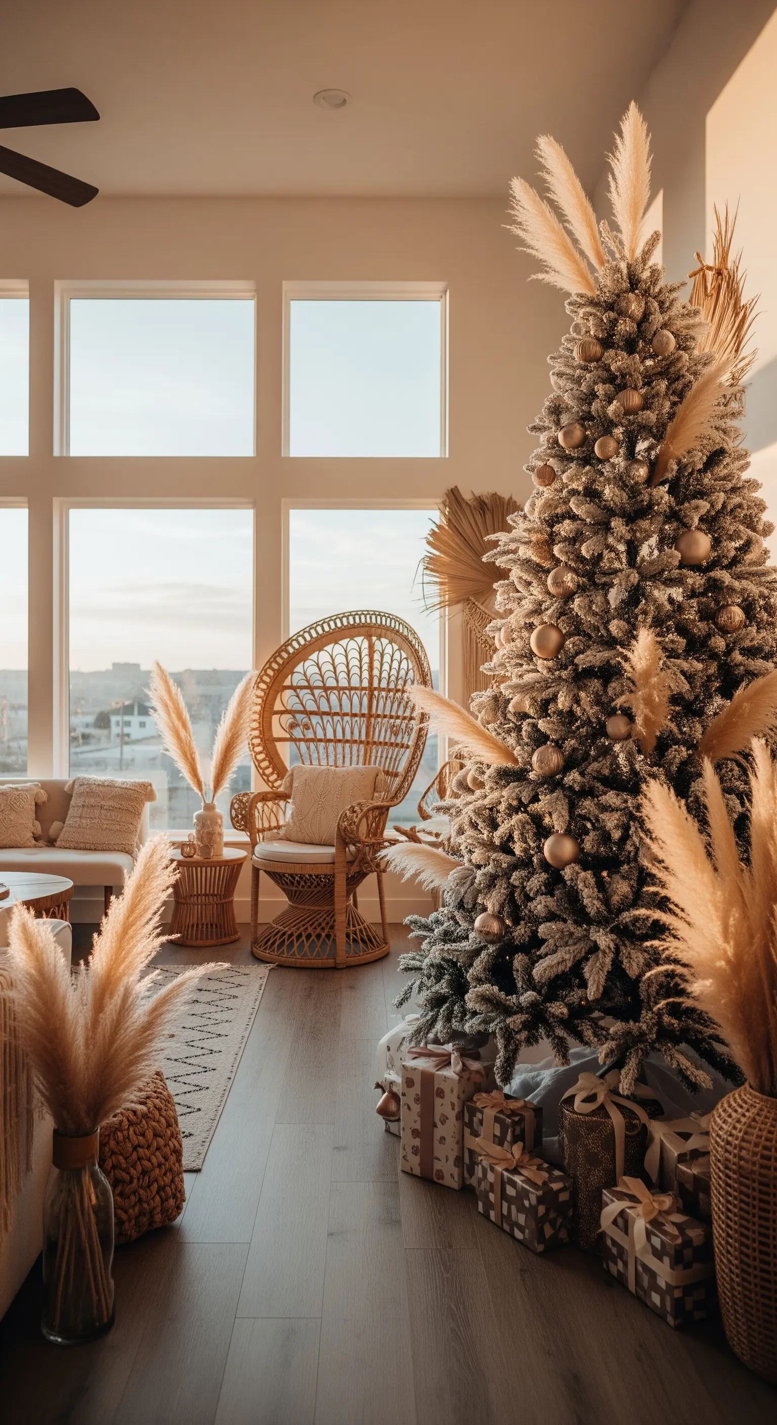 Beschneiter Weihnachtsbaum neben Rattan-Pfauenthron und Pampasgras