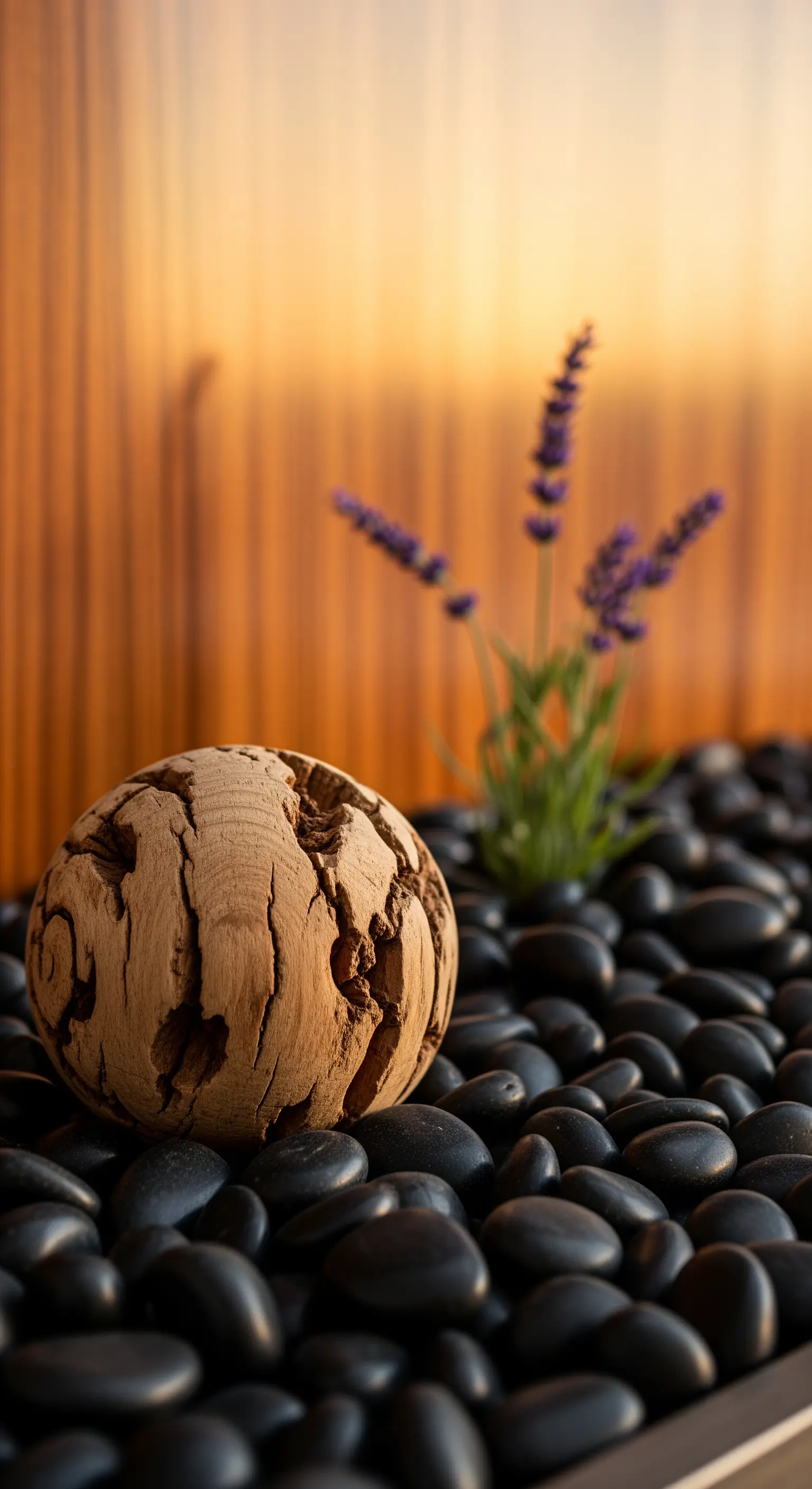 Nahaufnahme einer Holzkugel auf schwarzen Steinen mit Lavendel