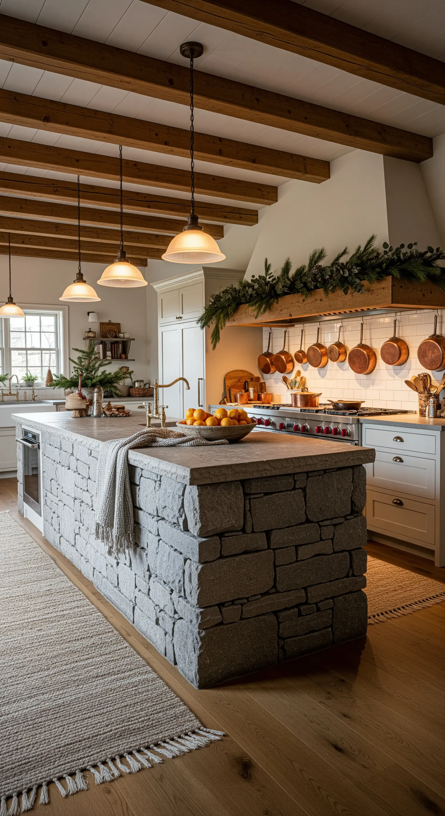 Rustikale Steinküche mit Kupferpfannen und Tannengirlande