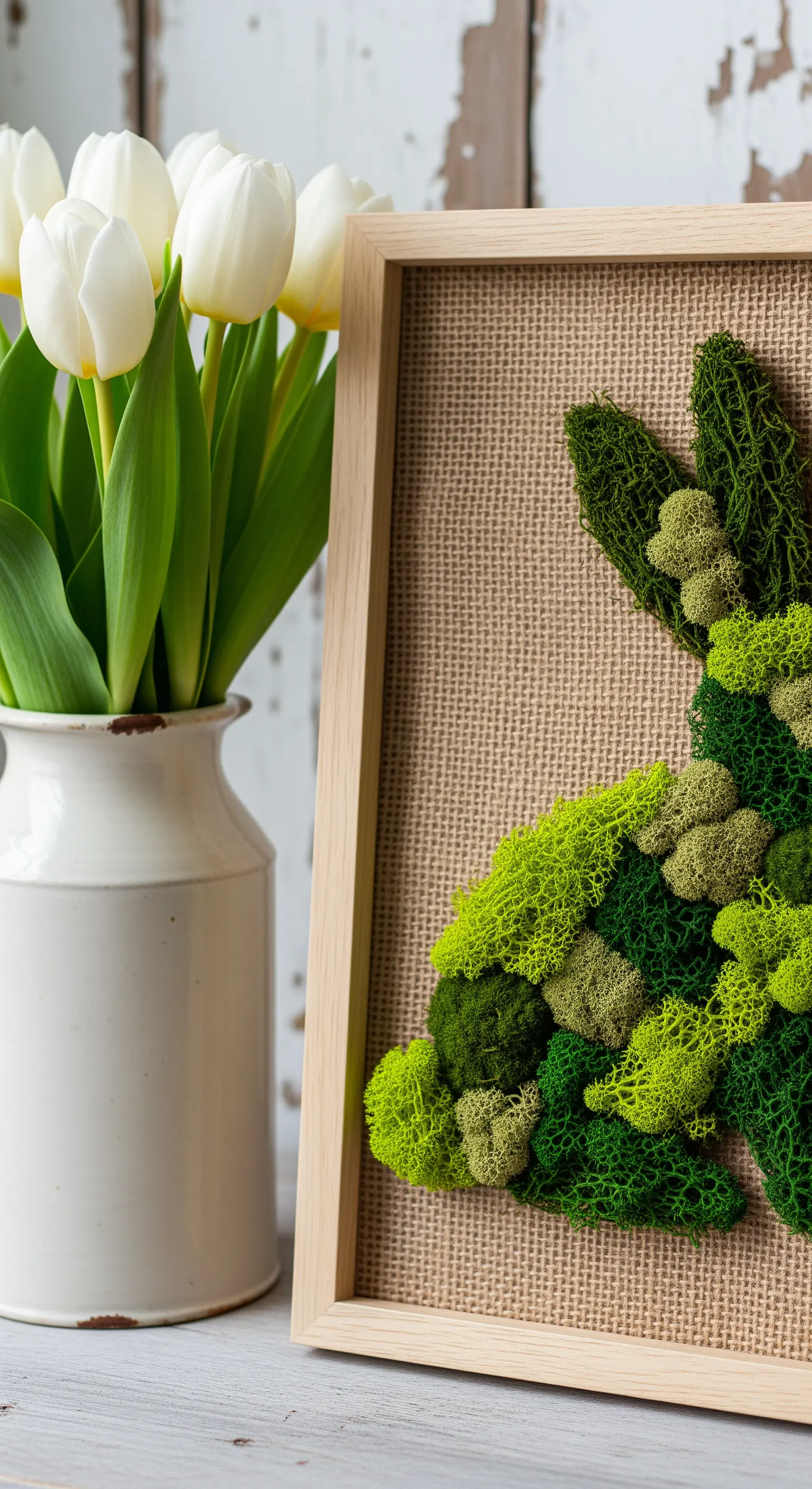 Gerahmtes Bild mit Hasenmotiv aus Moos neben weißen Tulpen