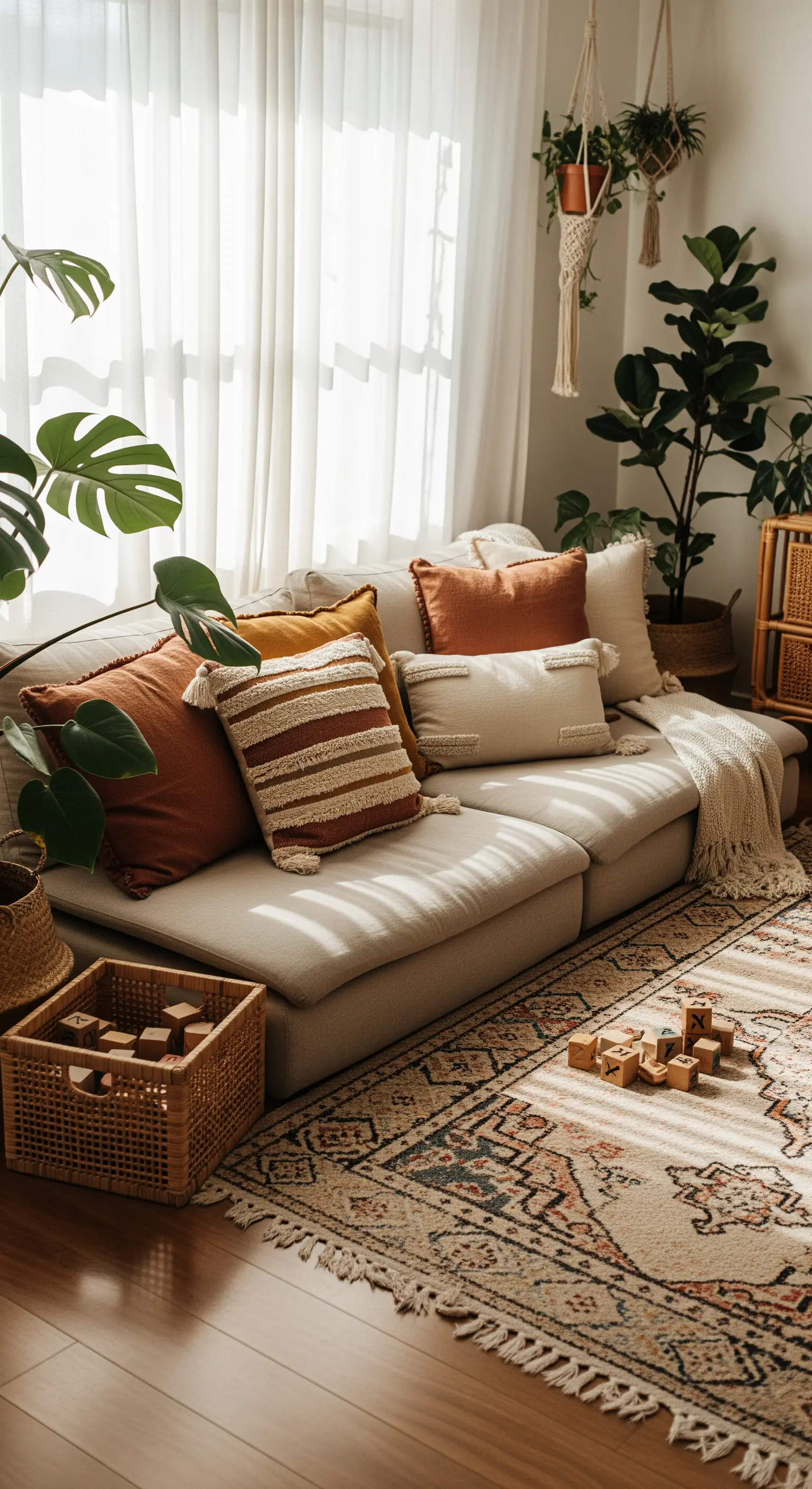 Helles Wohnzimmer mit beigem Sofa, bunten Kissen und vielen Pflanzen