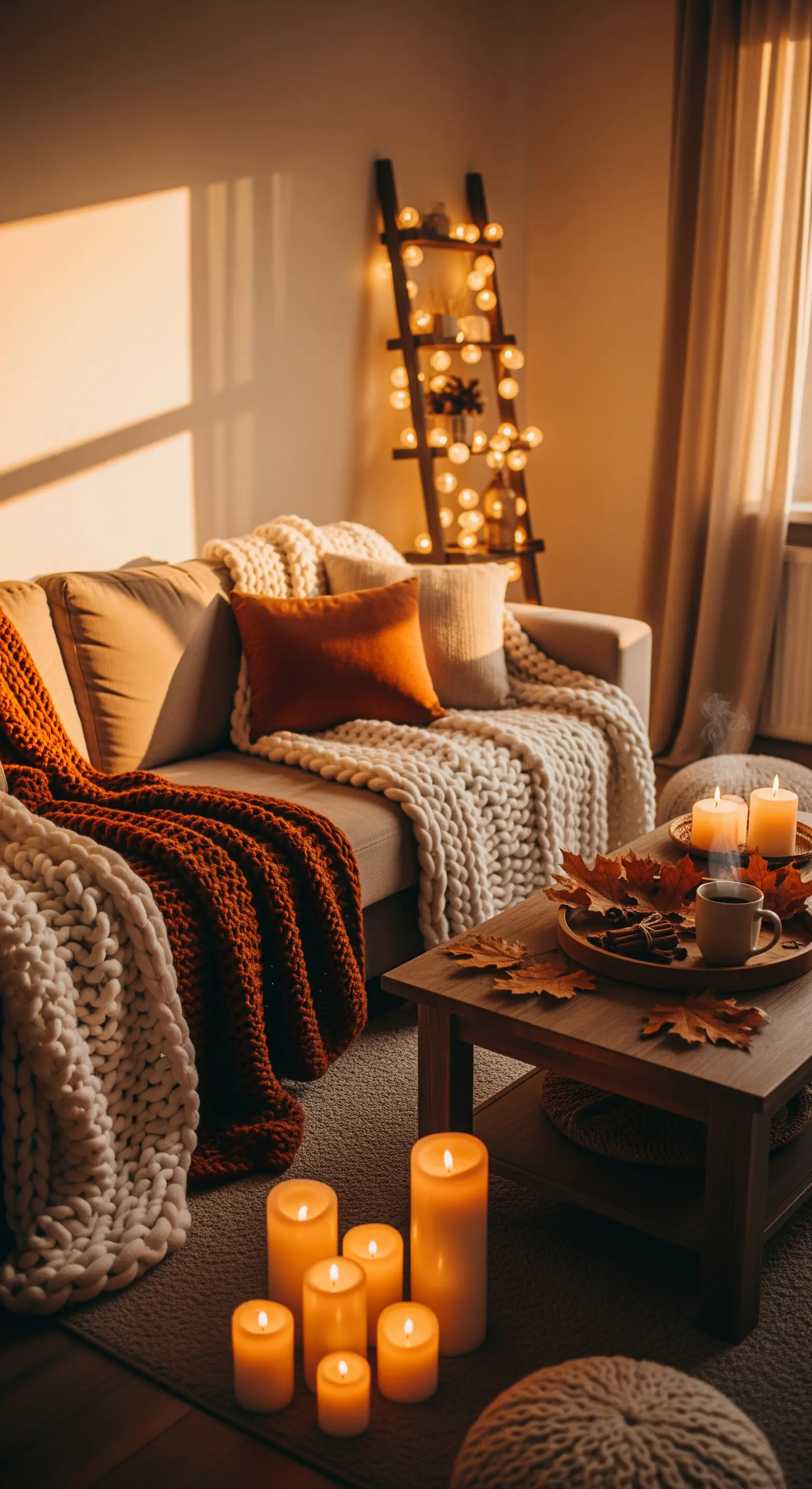 Wohnzimmer mit groben Strickdecken, rostfarbenen Kissen und Lichterleiter im Hintergrund