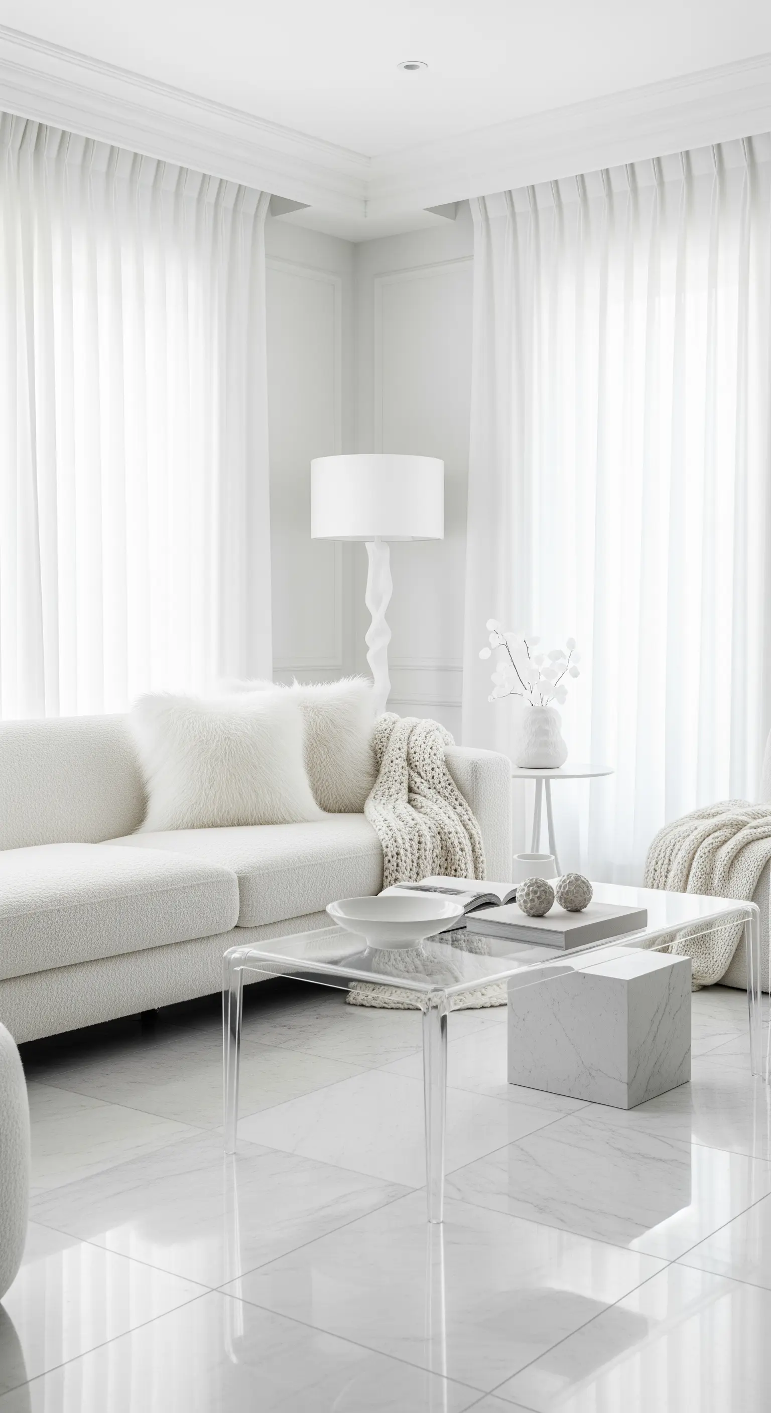 Weißes Bouclé-Sofa mit Acryl-Couchtisch und Marmorboden