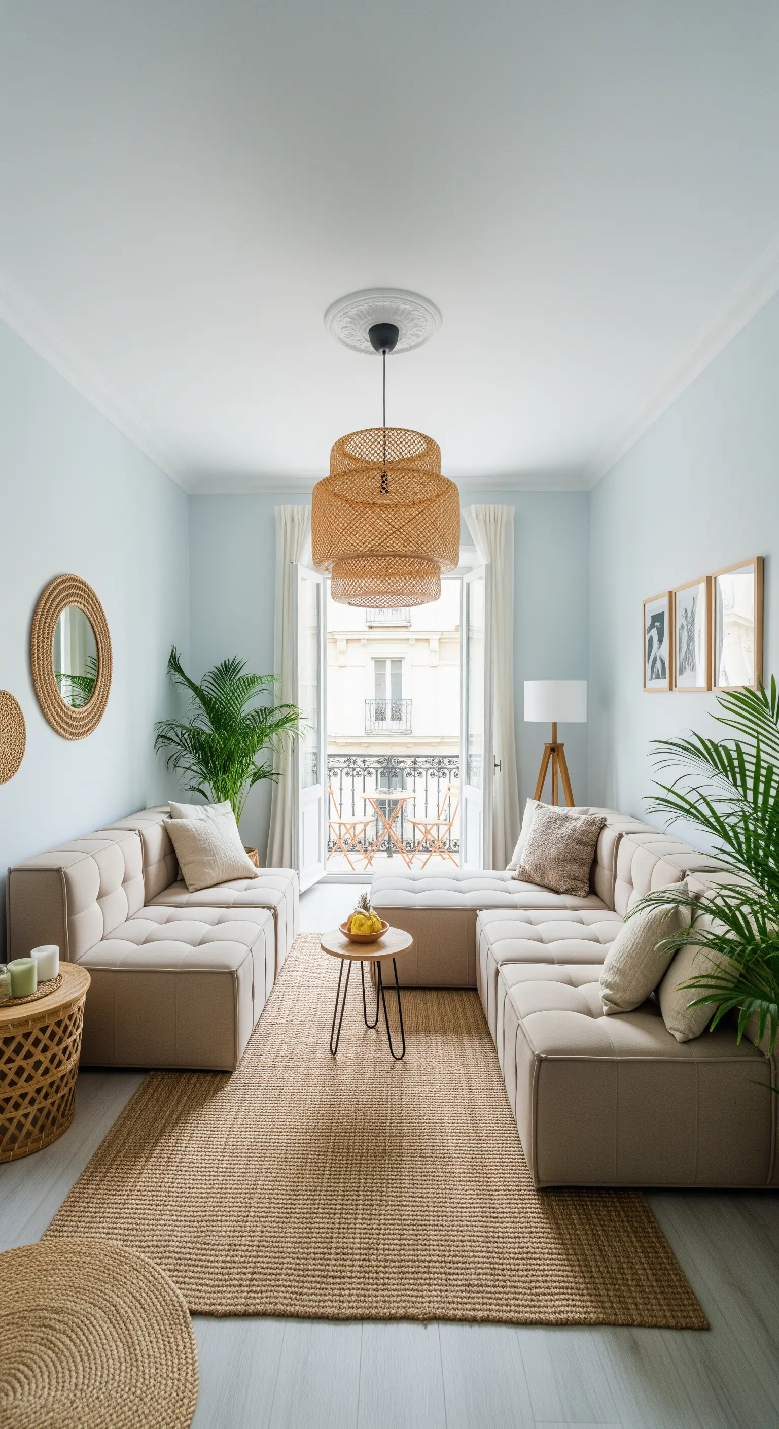 Beiges Modulsofa mit Juteteppich und Rattanlampe