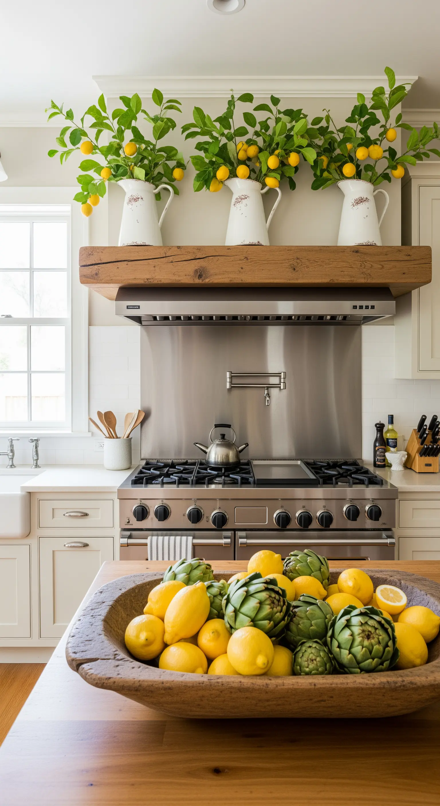 Große Holzschale gefüllt mit Zitronen und Artischocken