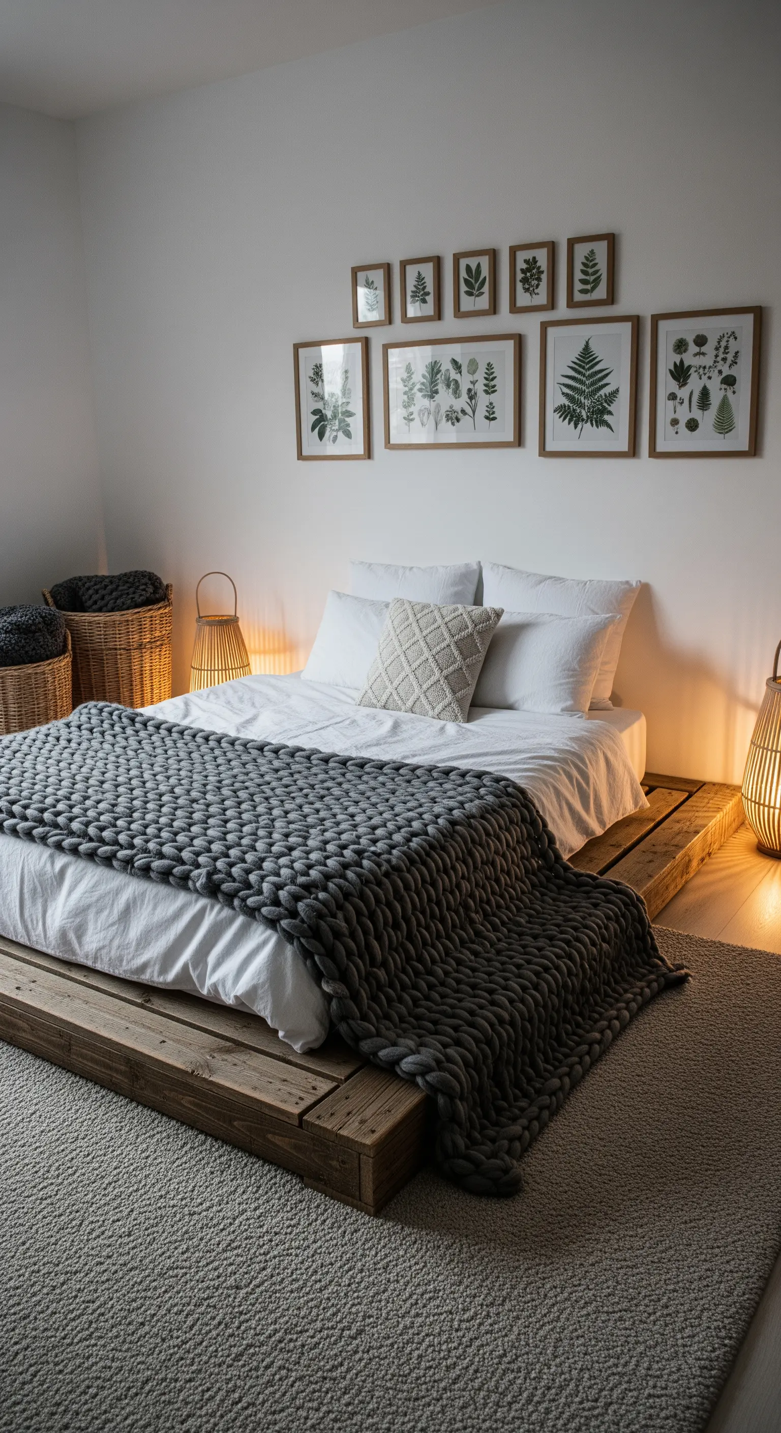 Grobstrickdecke auf Palettenbett Boho