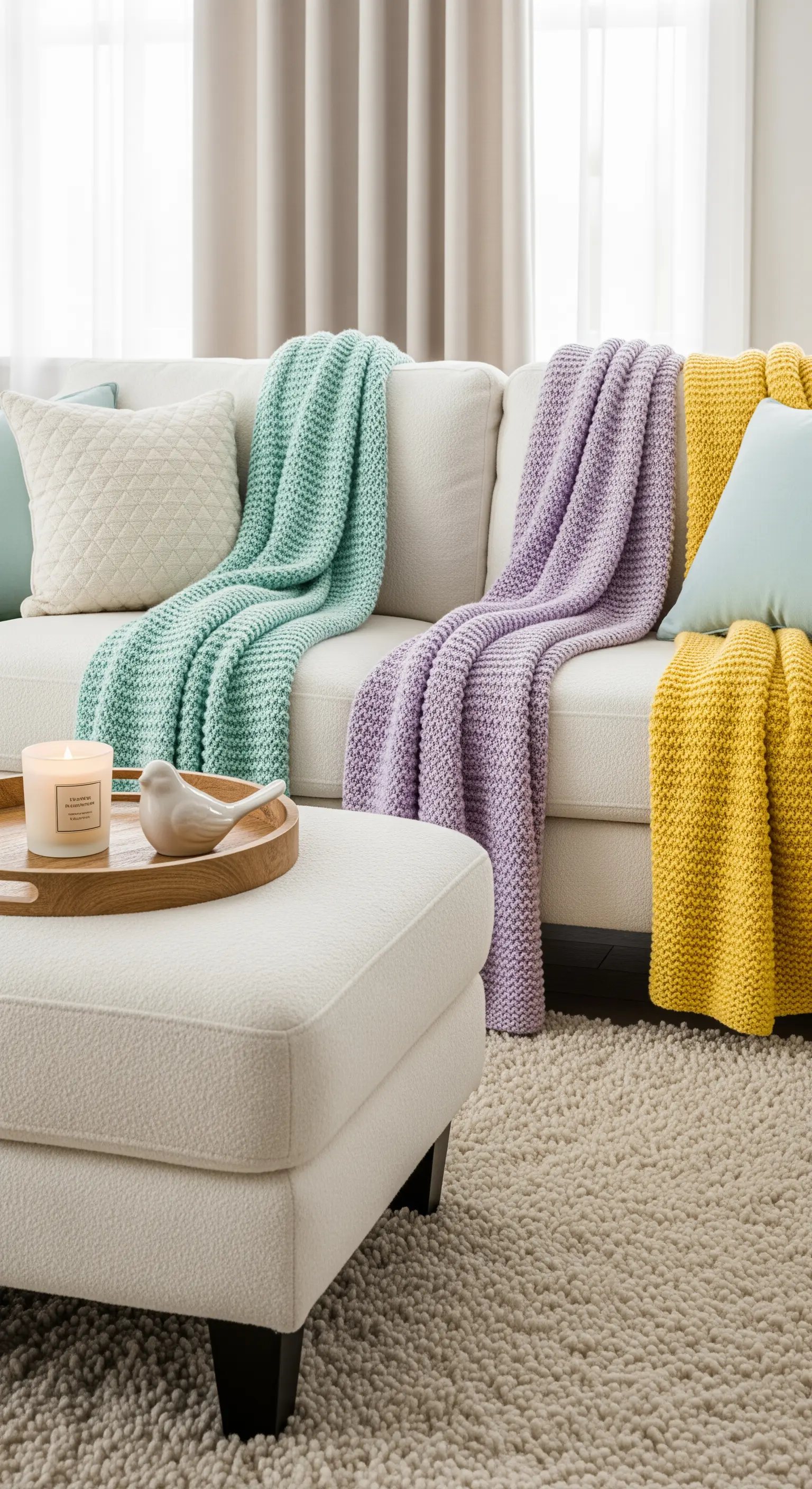 Helles Sofa mit bunten Strickdecken in Mint, Lila, Gelb