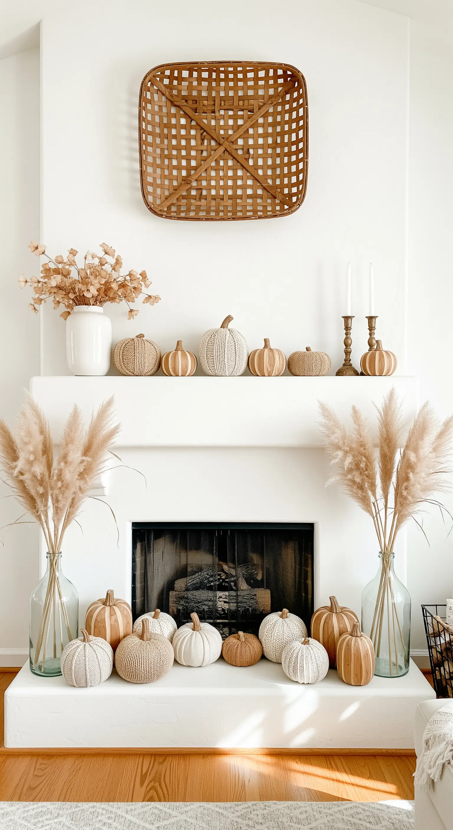 Boho-Herbstkamin mit Strickkürbissen und Pampasgras