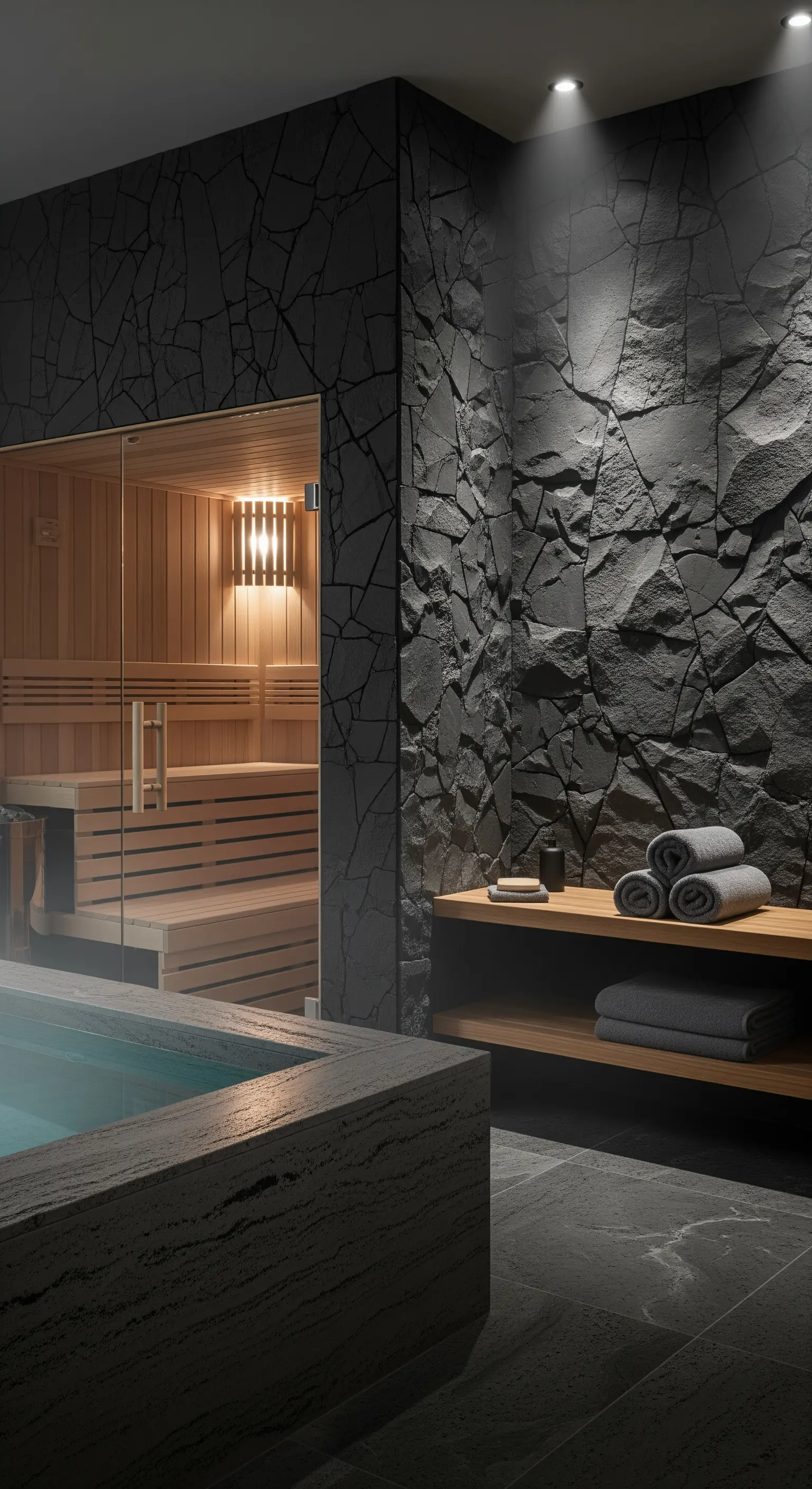 Saunaeingang mit grober schwarzer Steinwand und Holzbank