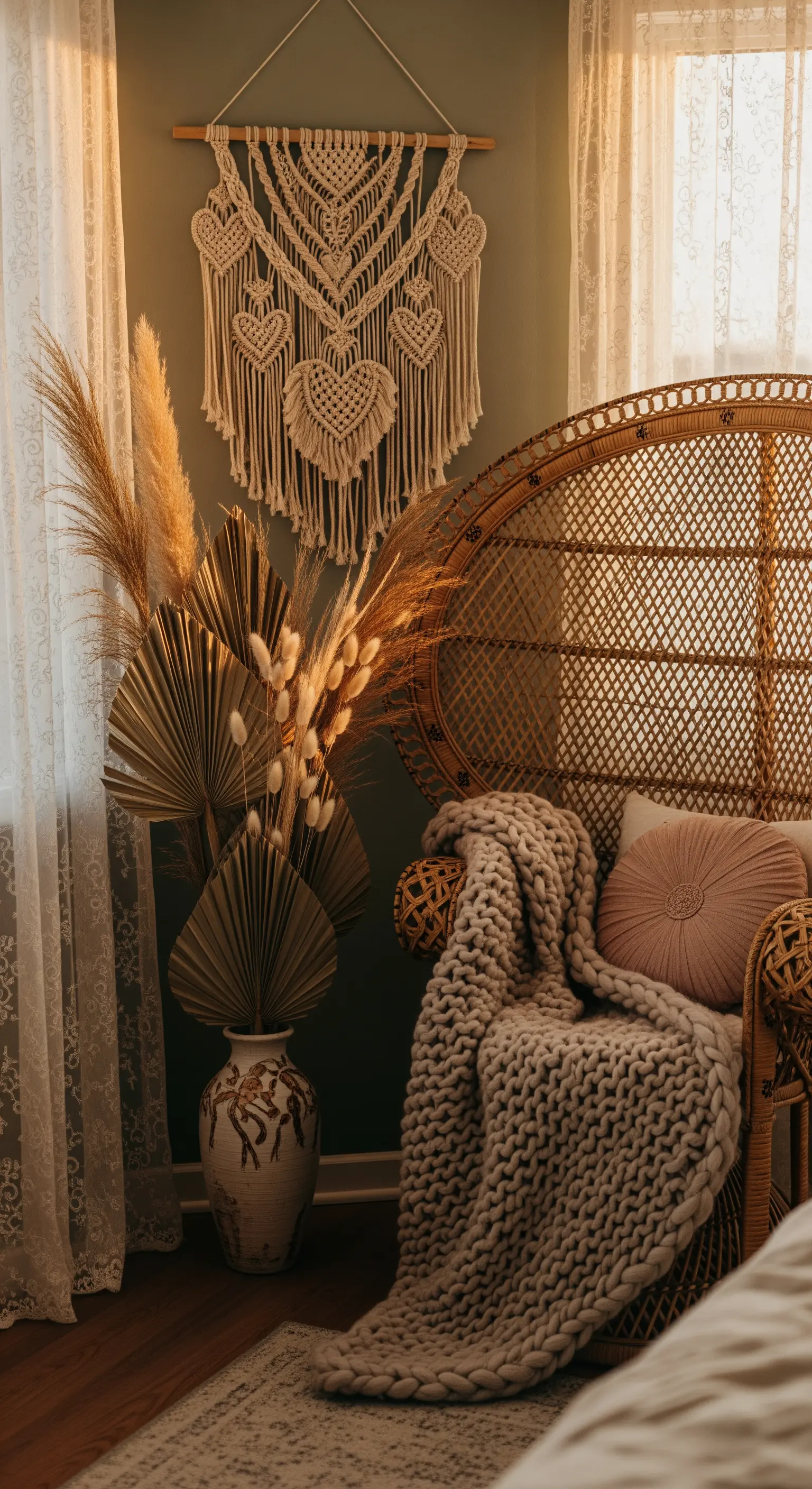 Boho-Ecke mit Pfauenthron, Makramee und Trockenblumen