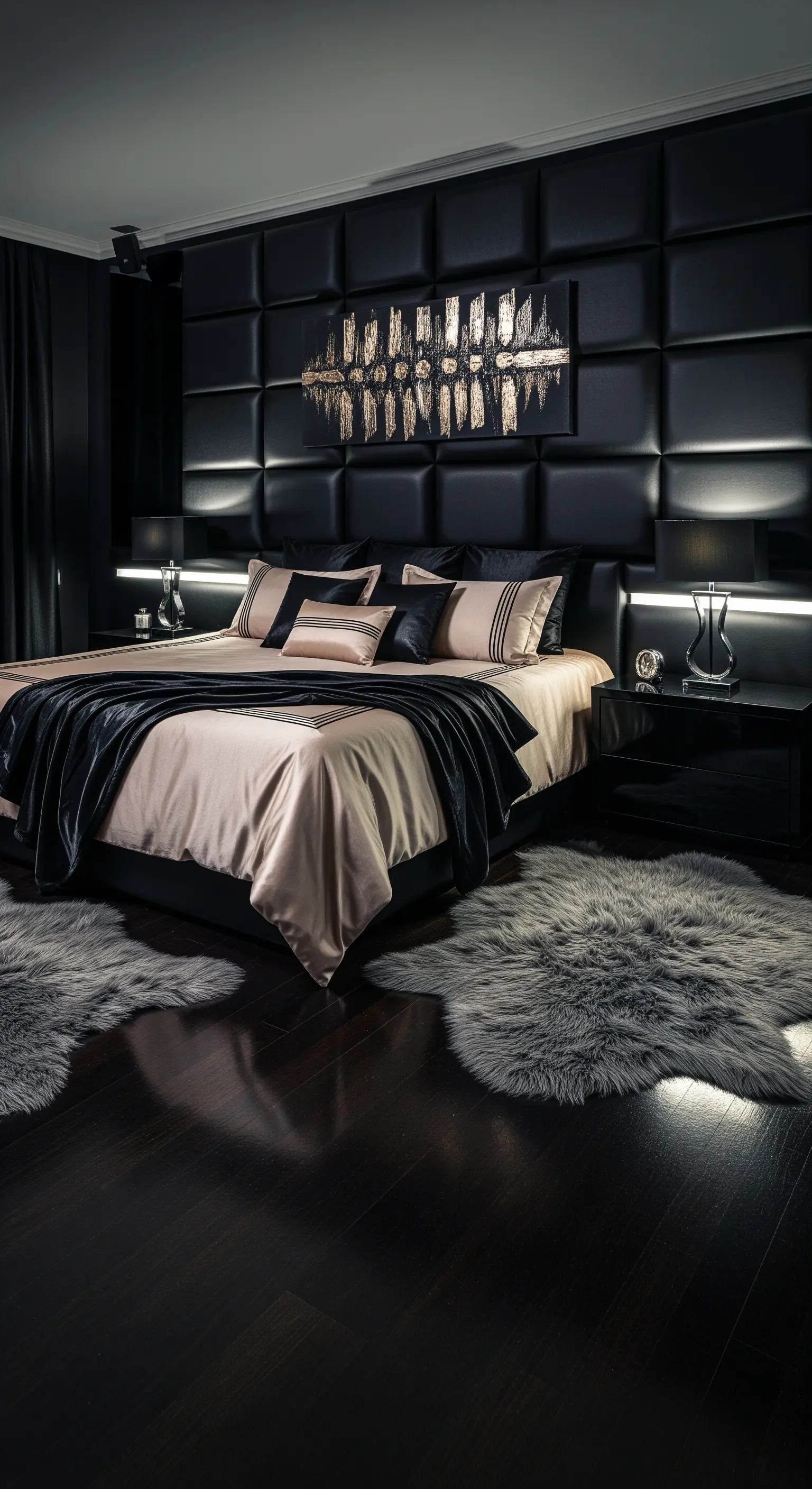 Schwarzes Schlafzimmer mit Lederwand und Fellteppichen