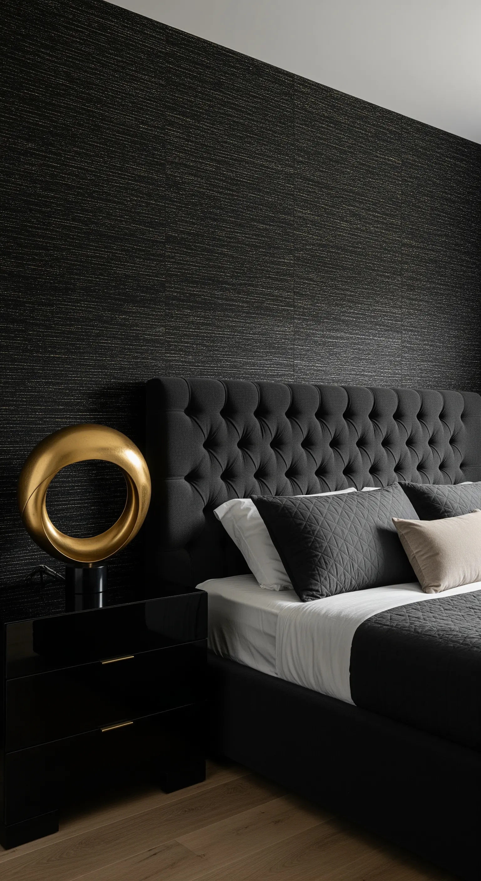 Texturierte schwarze Tapete mit skulpturaler Goldlampe