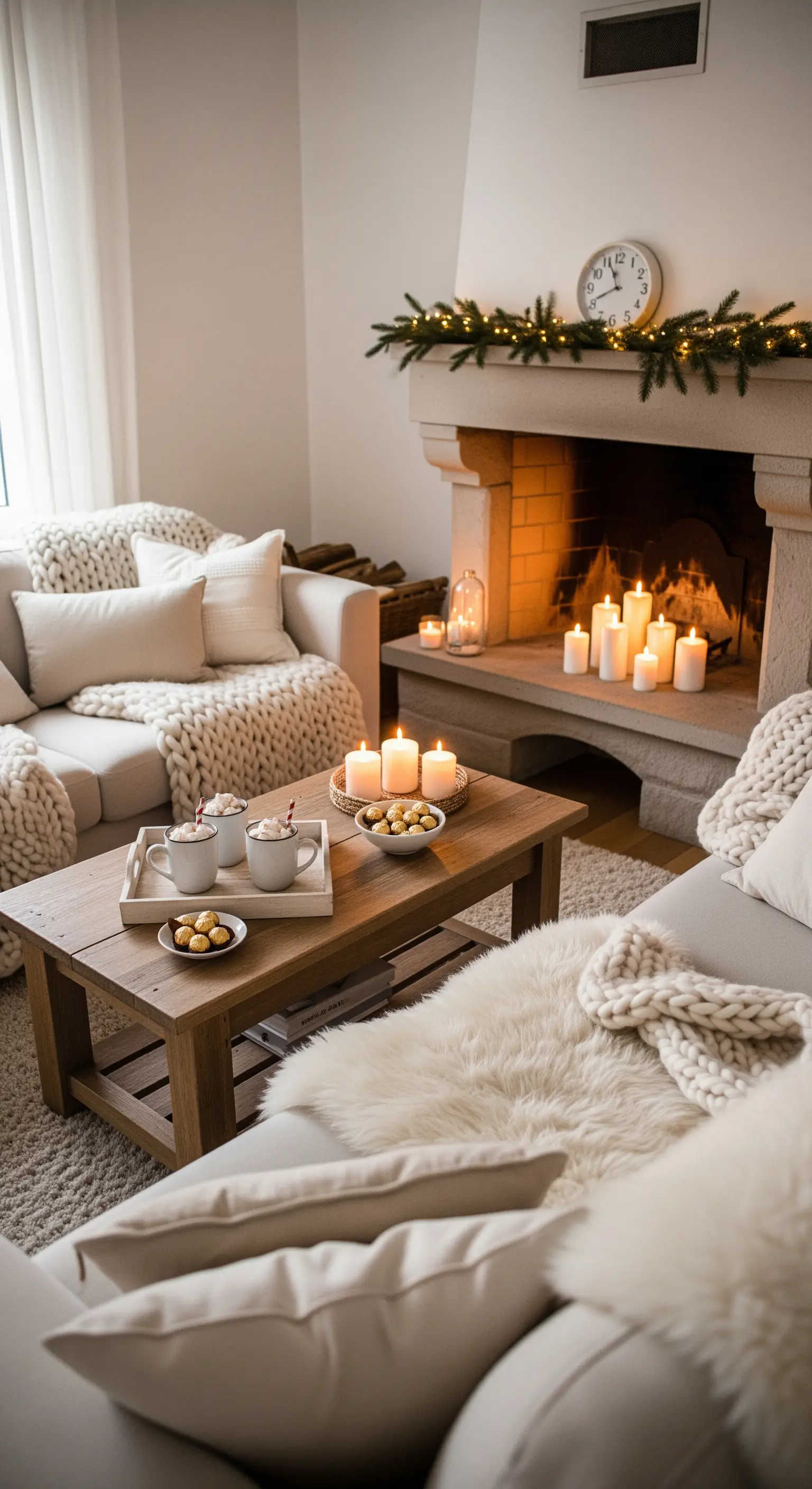 Hygge Wohnzimmer mit Grobstrickdecken und Kaminfeuer