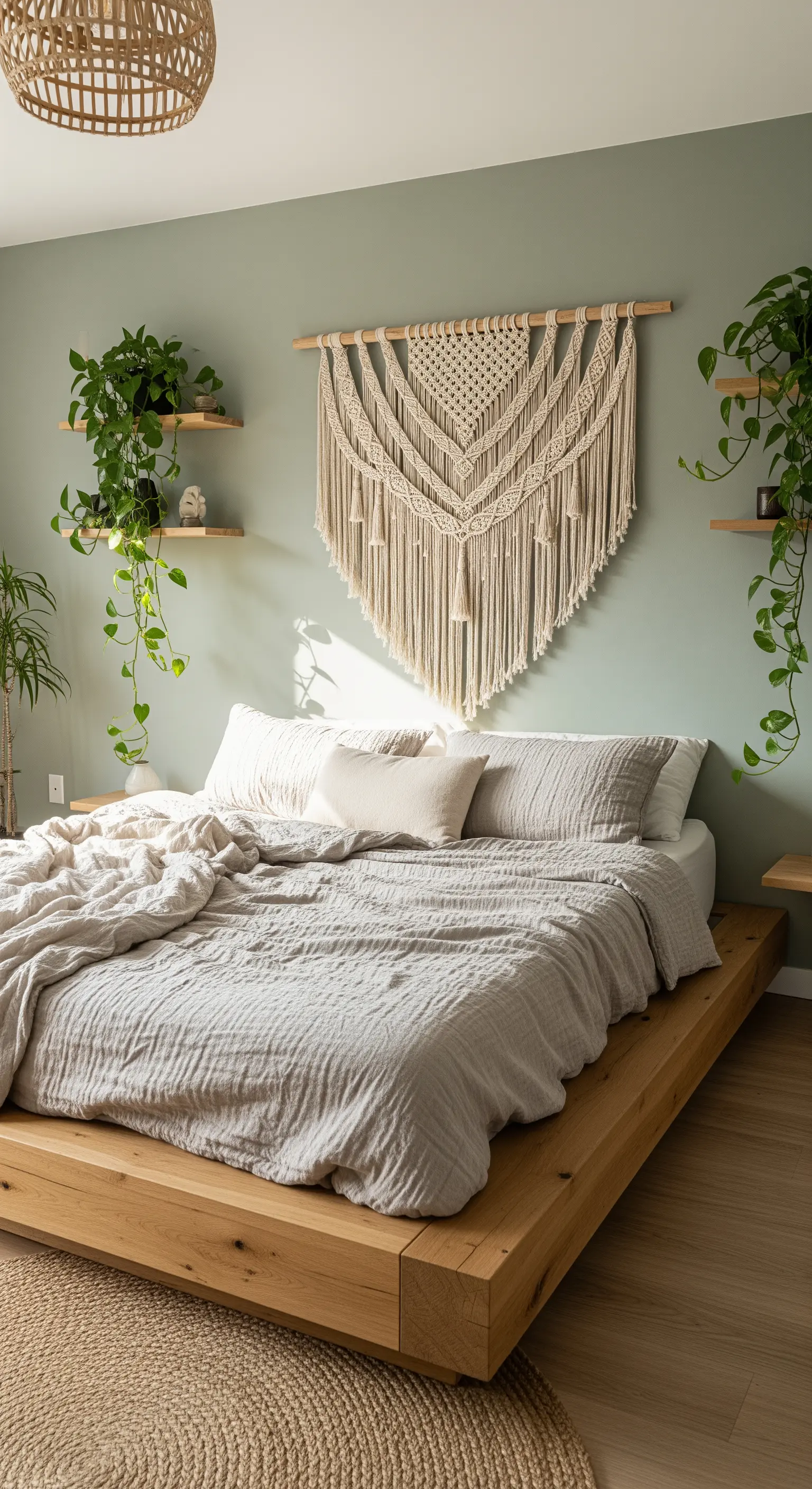 Boho Schlafzimmer mit salbeigrüner Wand und großem Makramee