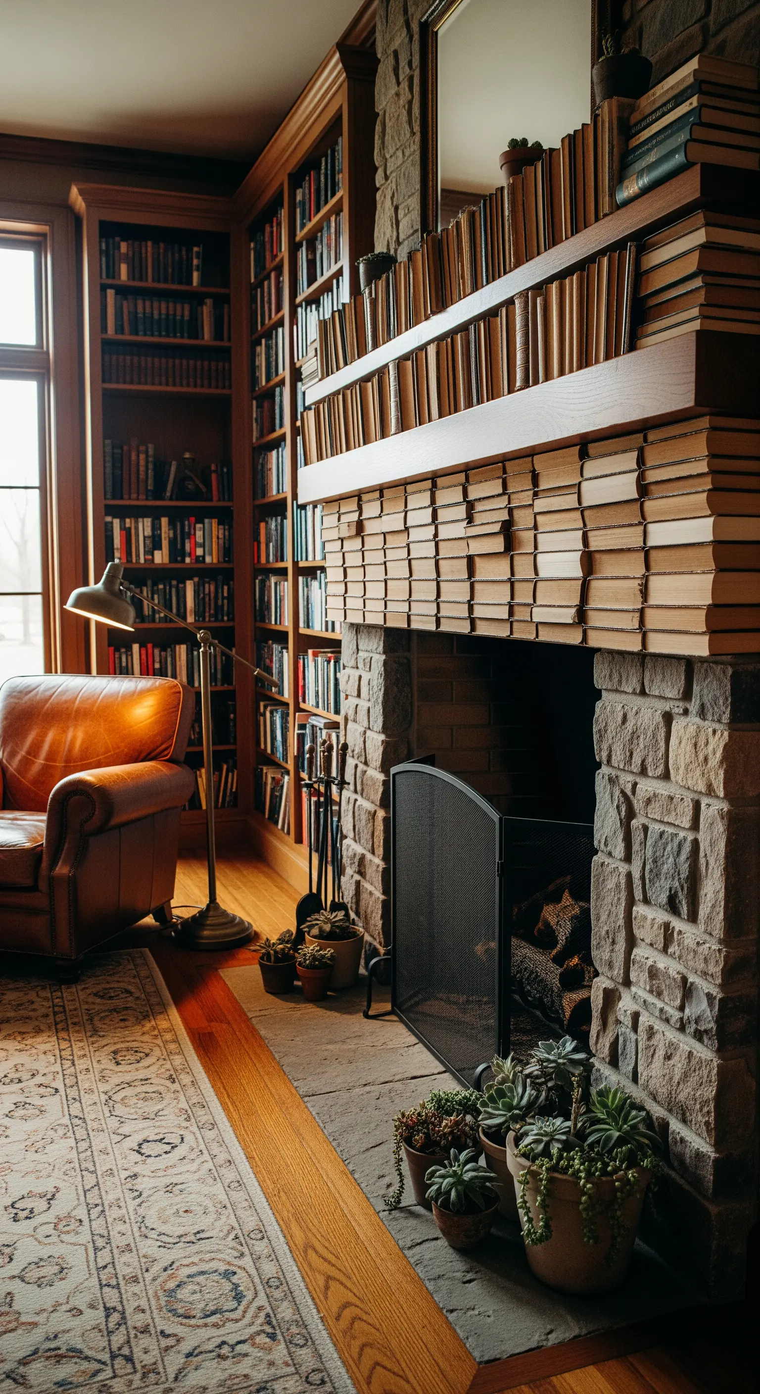 Kamin mit umgedrehten Büchern (Seiten nach vorne) dekoriert